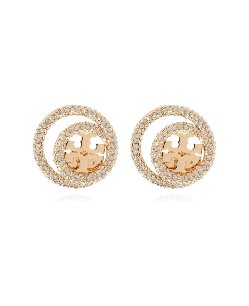 TORY BURCH MILLER 18K GOLD PLATED & CRYSTAL LOGO STUD EARRINGS