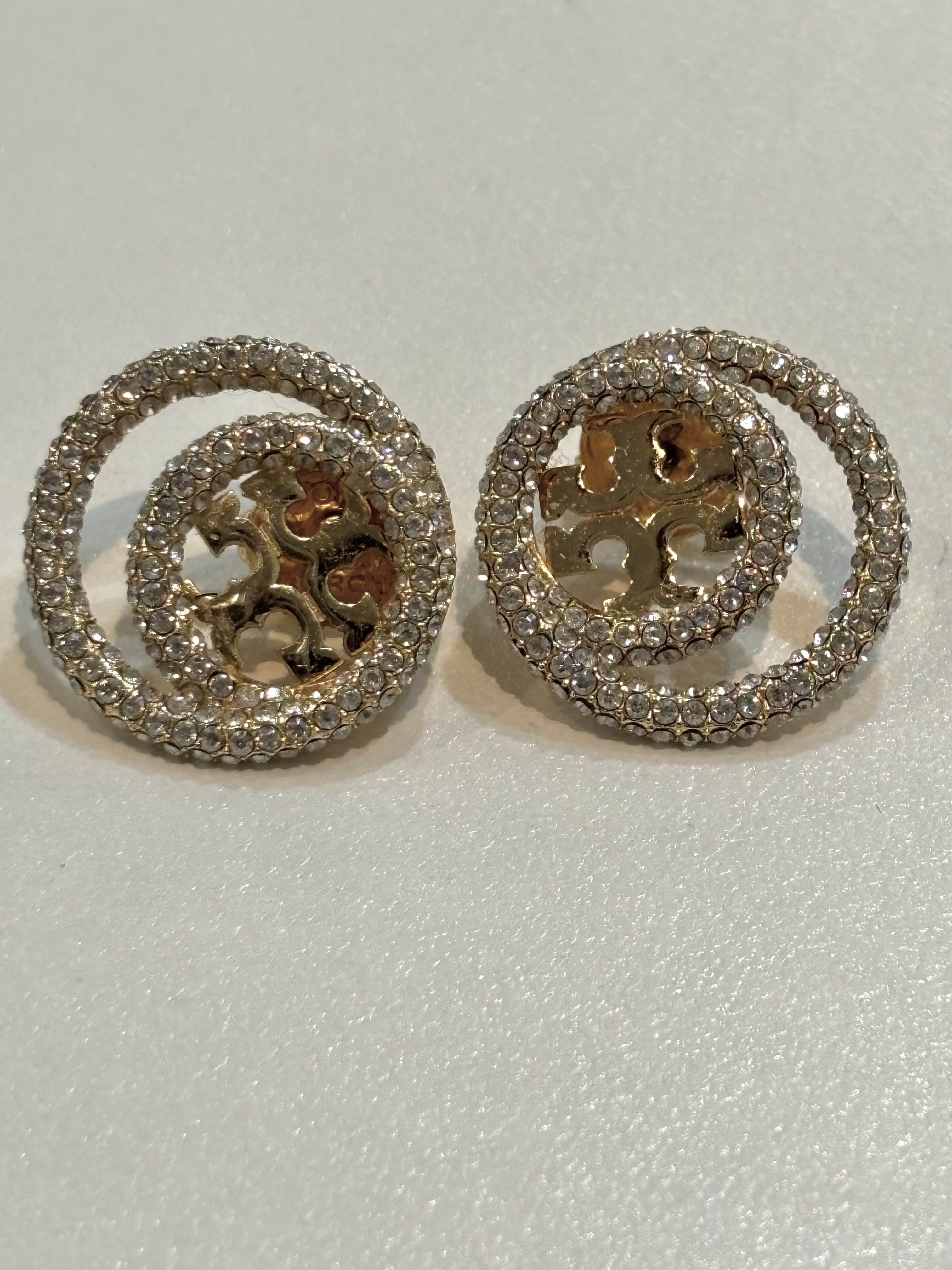 TORY BURCH MILLER 18K GOLD PLATED & CRYSTAL LOGO STUD EARRINGS