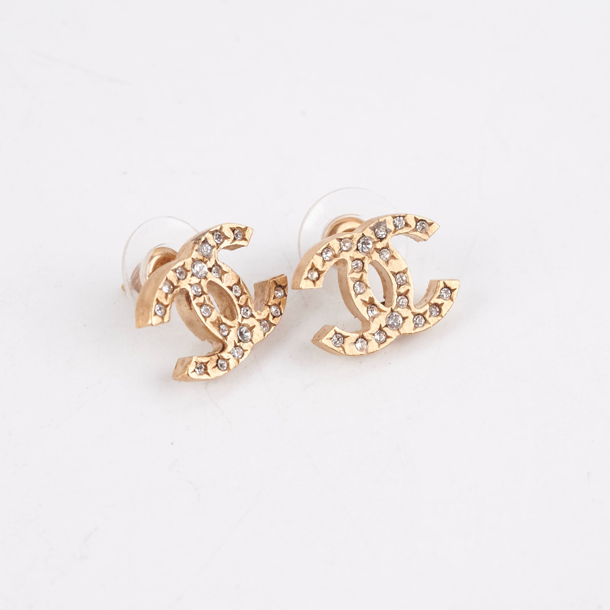 Chanel CC Logo Rhinestone Gold Earrings Costume Jewellery