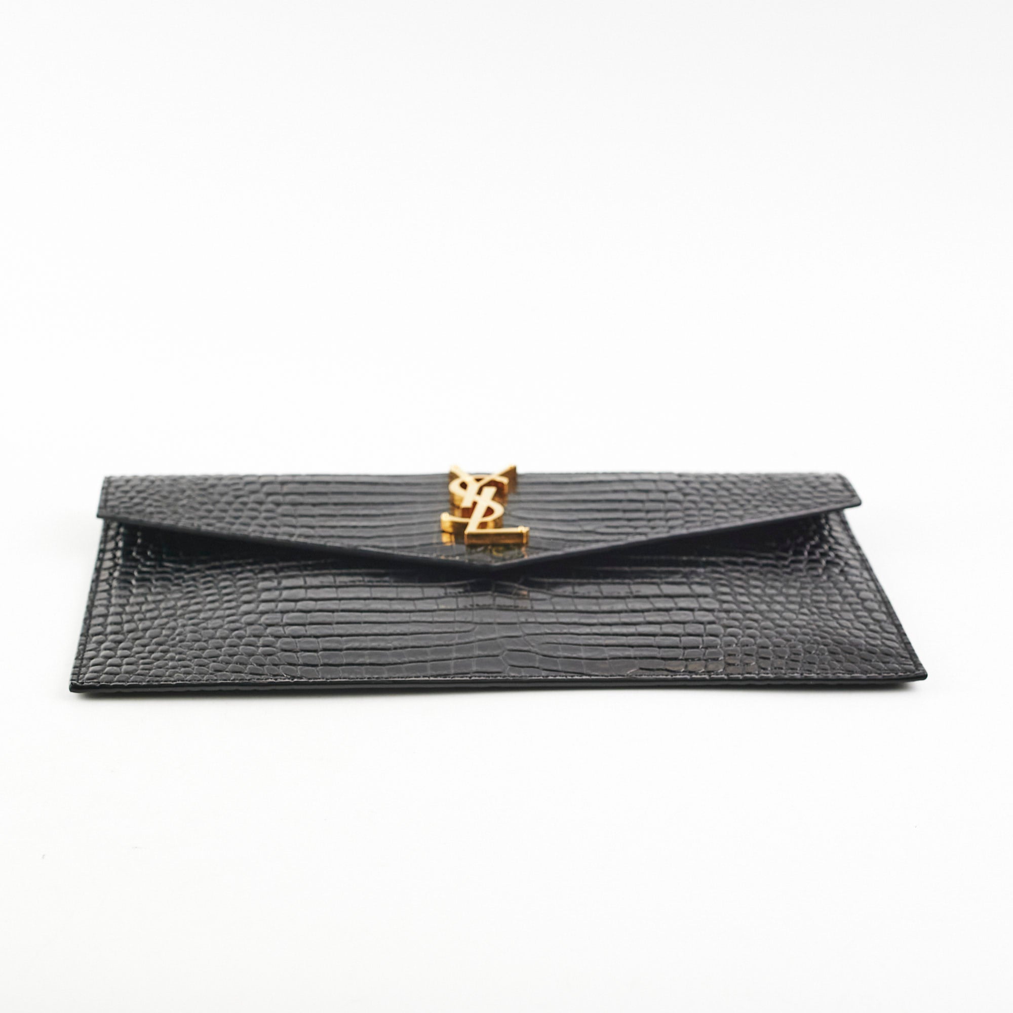 Saint Laurent Uptown Pouch Black Croc Embossed Clutch
