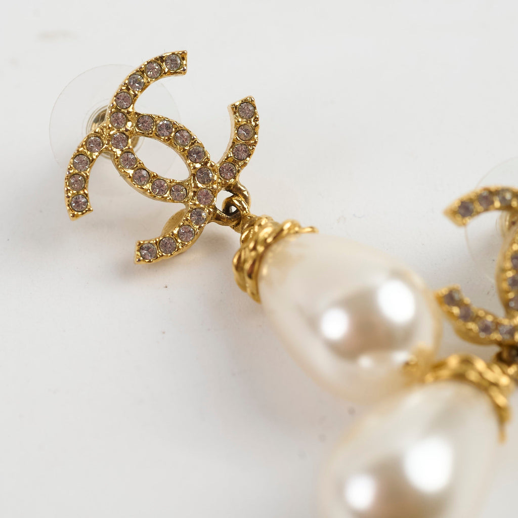 Chanel CC Logo Pearl Drop Earrings Costume Jewellery