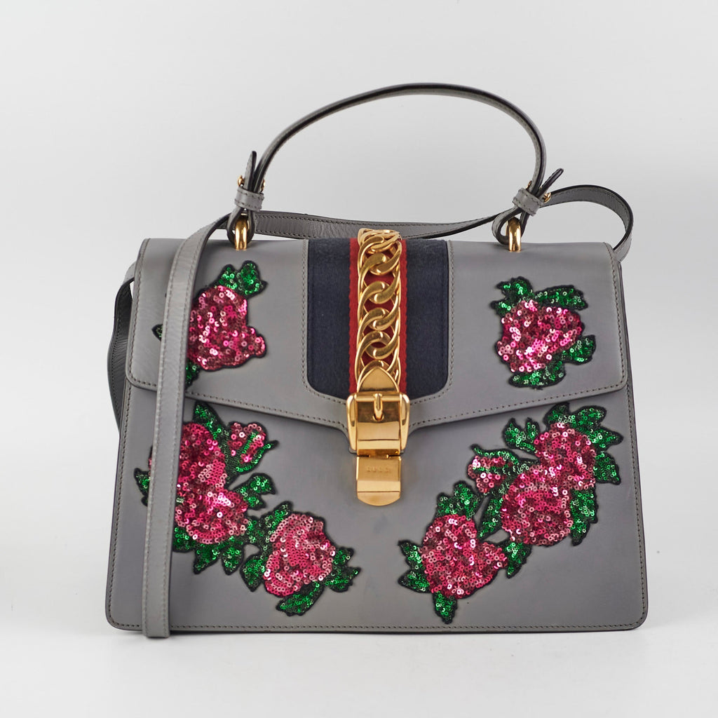 Gucci Sylvie Medium Grey Floral Sequin