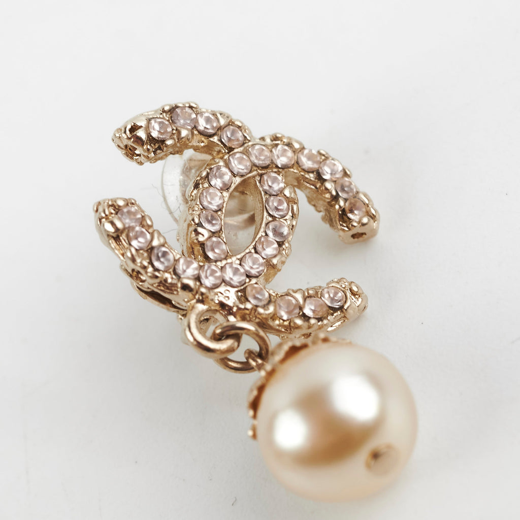 Chanel Coco Logo Clip On Pink Rhinestone Pearl Drop Earrings Costume Jewellery