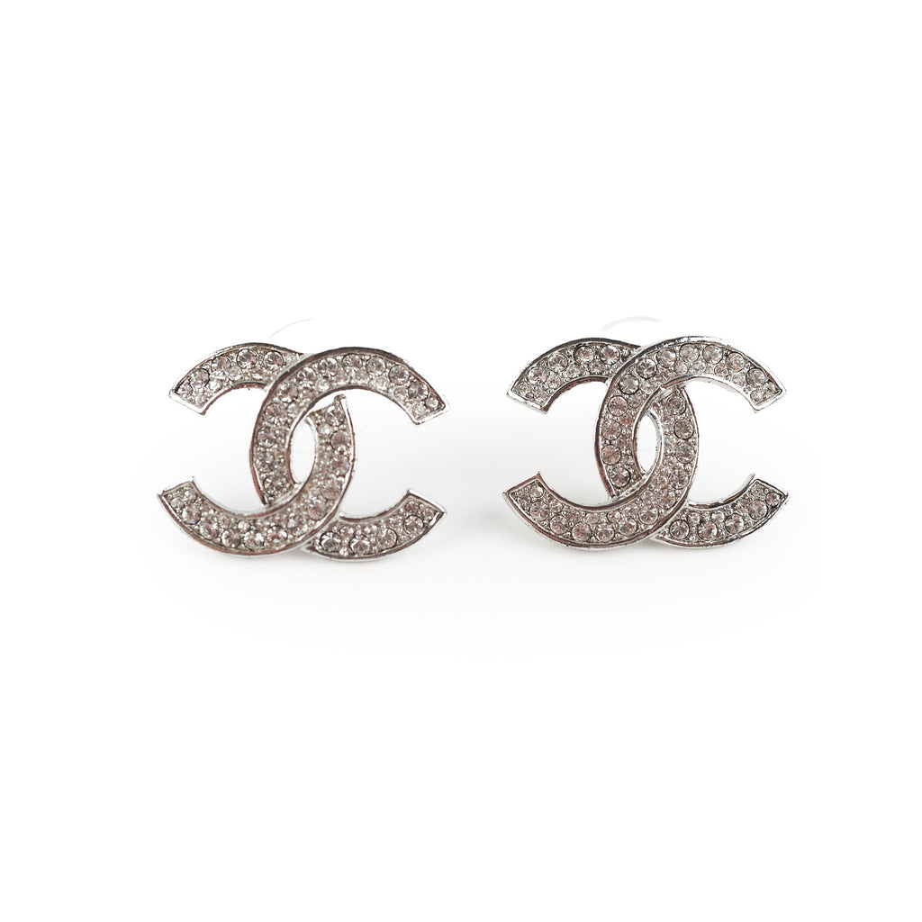 Chanel Silver Rhinestone CC Logo Earrings Costume Jewellery