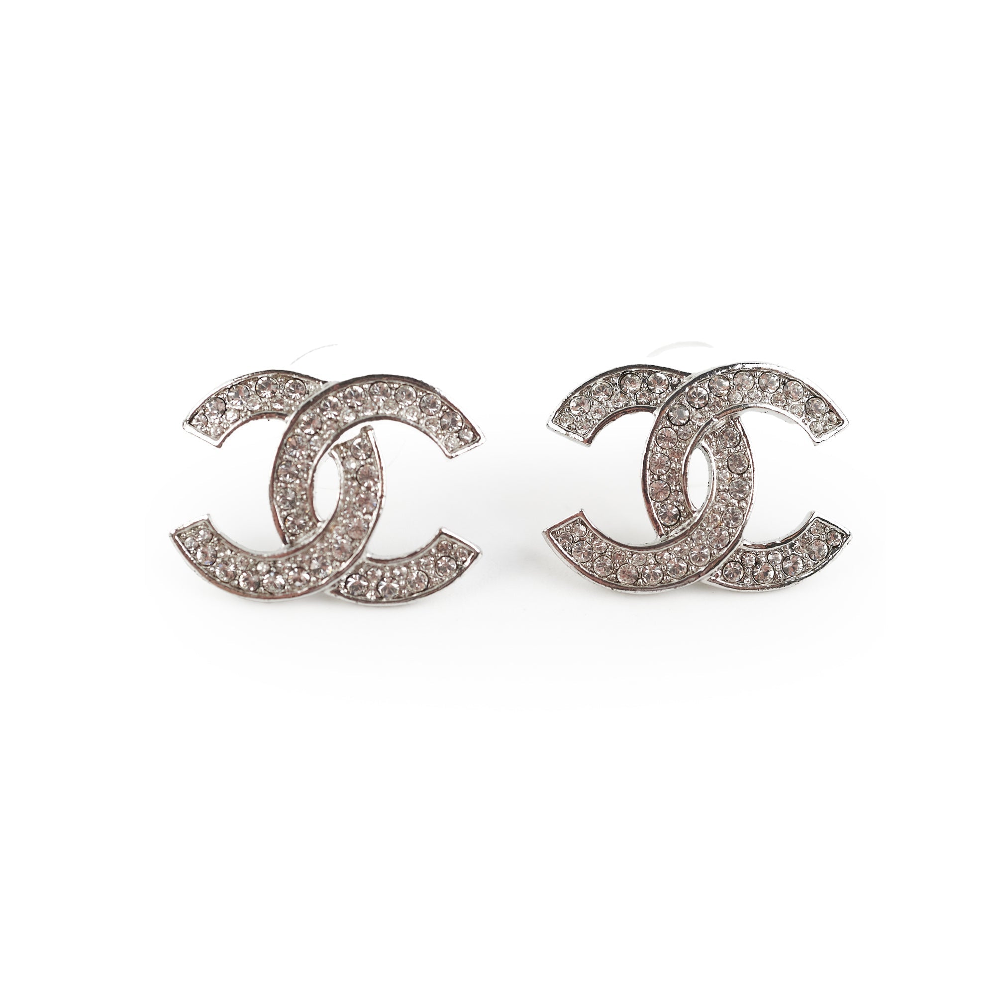 Chanel Silver Rhinestone CC Logo Earrings Costume Jewellery