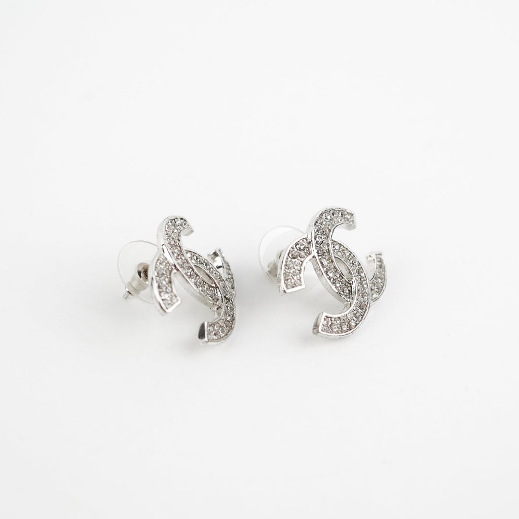 Chanel Silver Rhinestone CC Logo Earrings Costume Jewellery