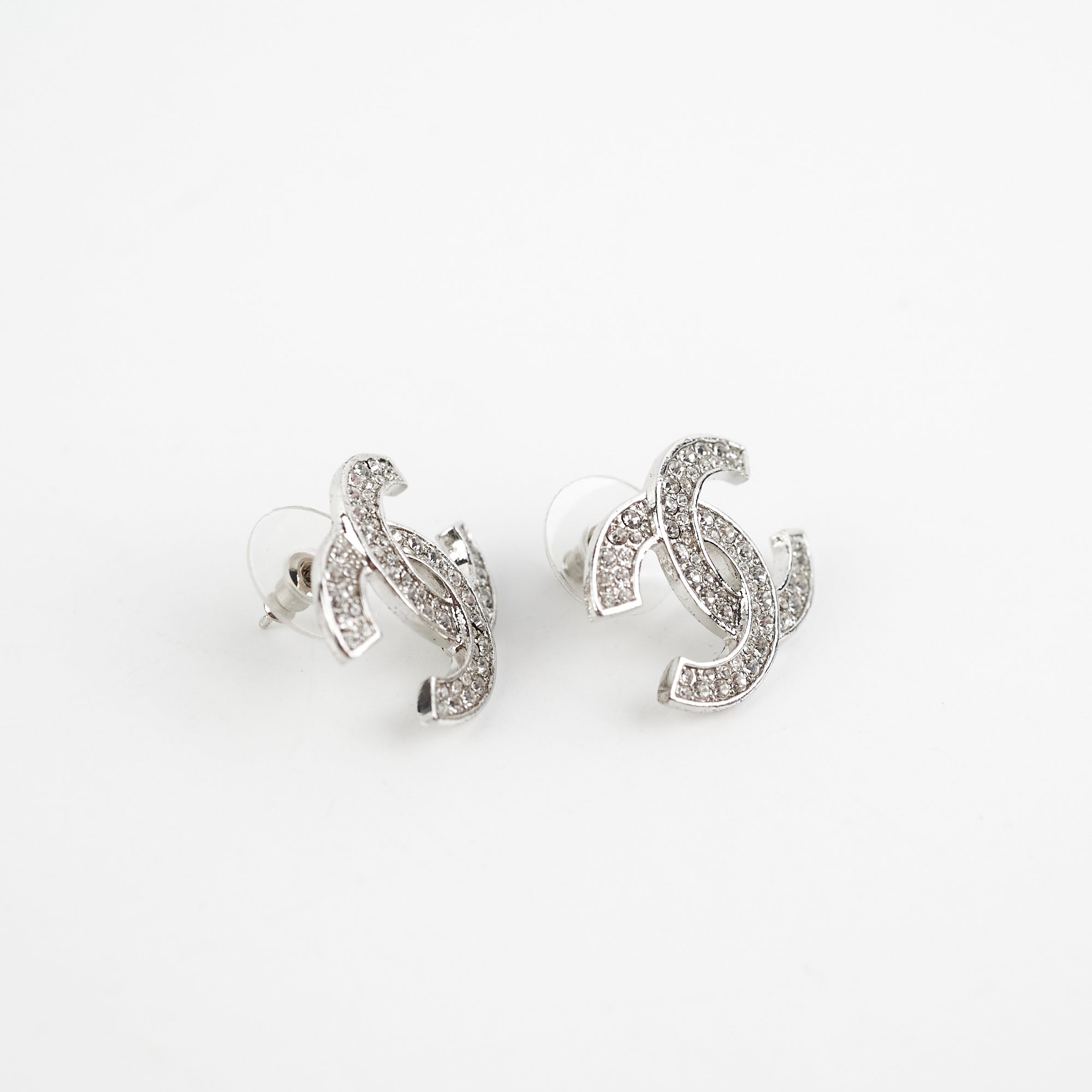 Chanel Silver Rhinestone CC Logo Earrings Costume Jewellery