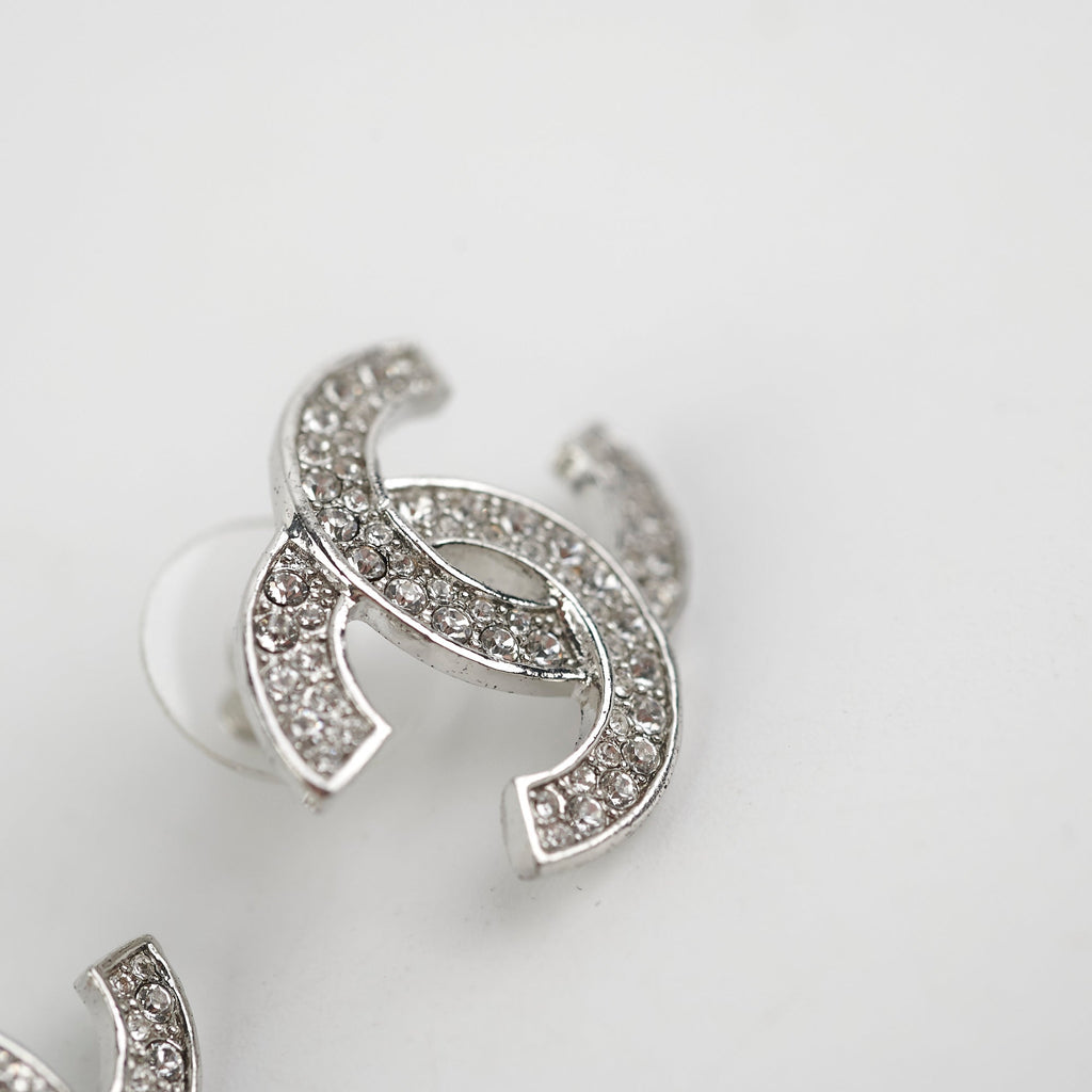 Chanel Silver Rhinestone CC Logo Earrings Costume Jewellery