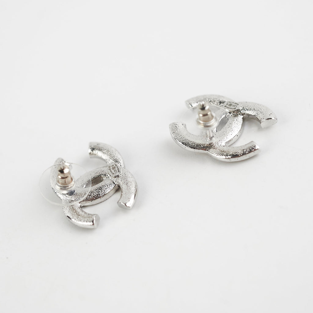Chanel Silver Rhinestone CC Logo Earrings Costume Jewellery