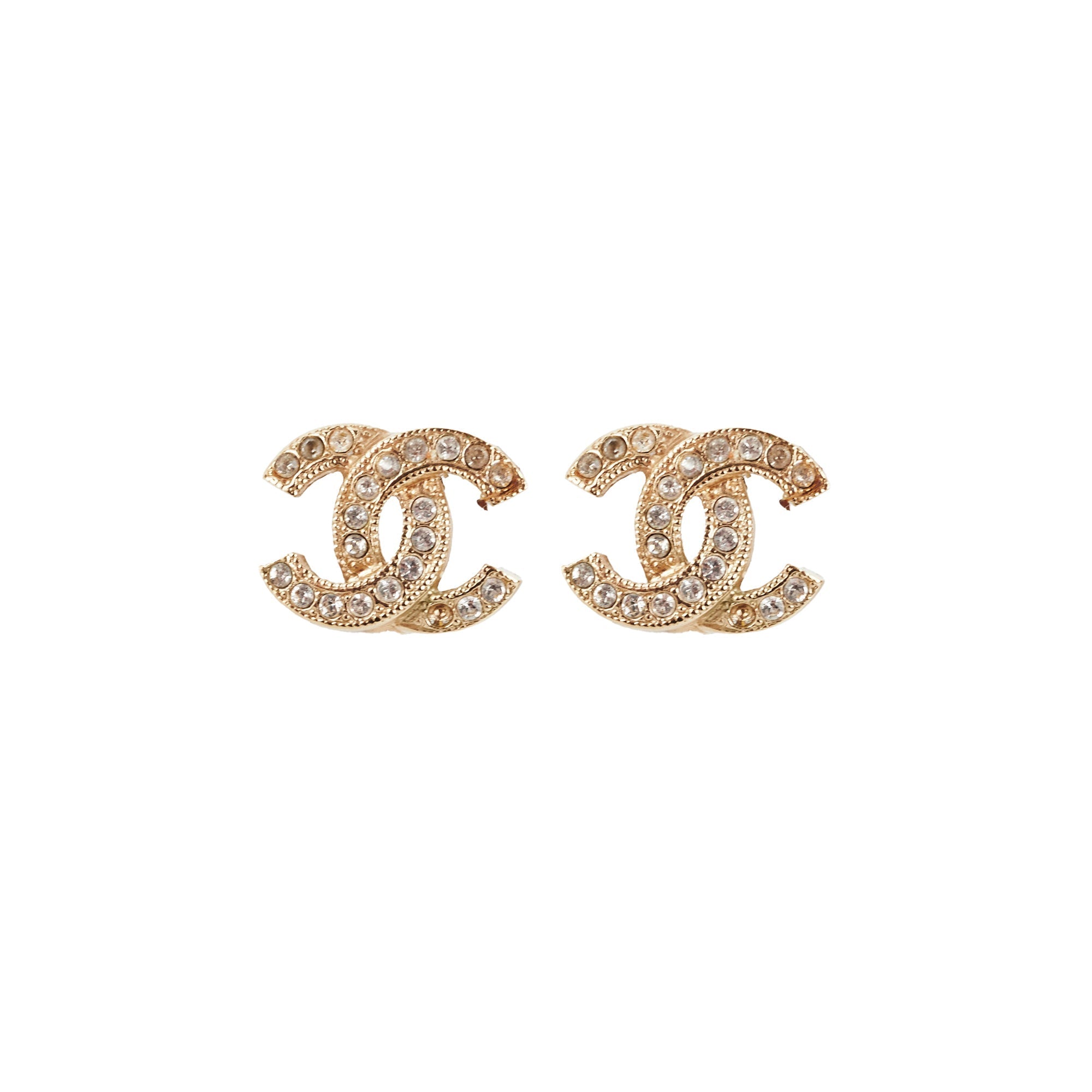 Chanel Mini CC Logo Rhinestone Gold Earrings Costume Jewellery