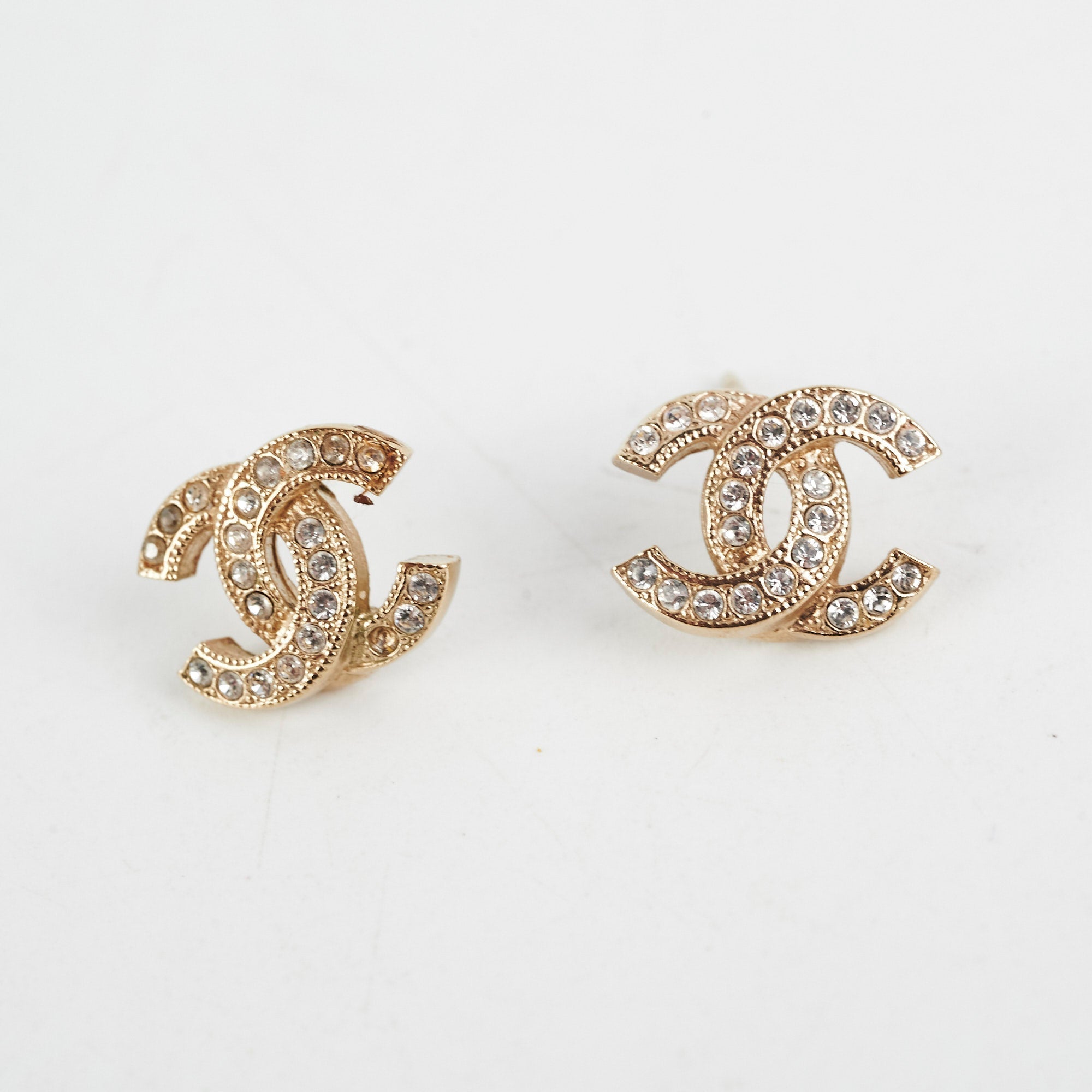 Chanel Mini CC Logo Rhinestone Gold Earrings Costume Jewellery