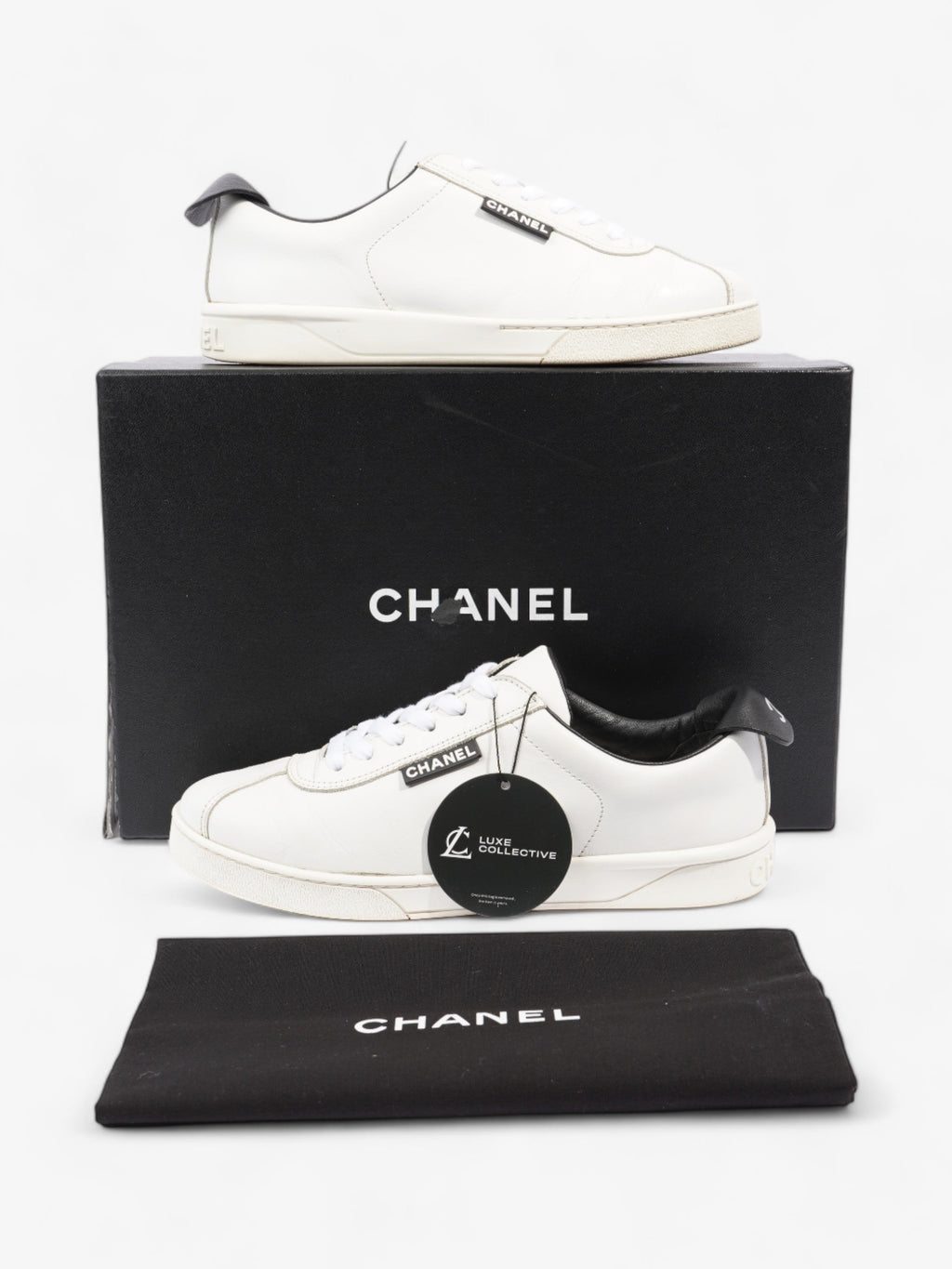 Chanel CC Logo Sneakers  White / Black Leather EU 38 UK 5