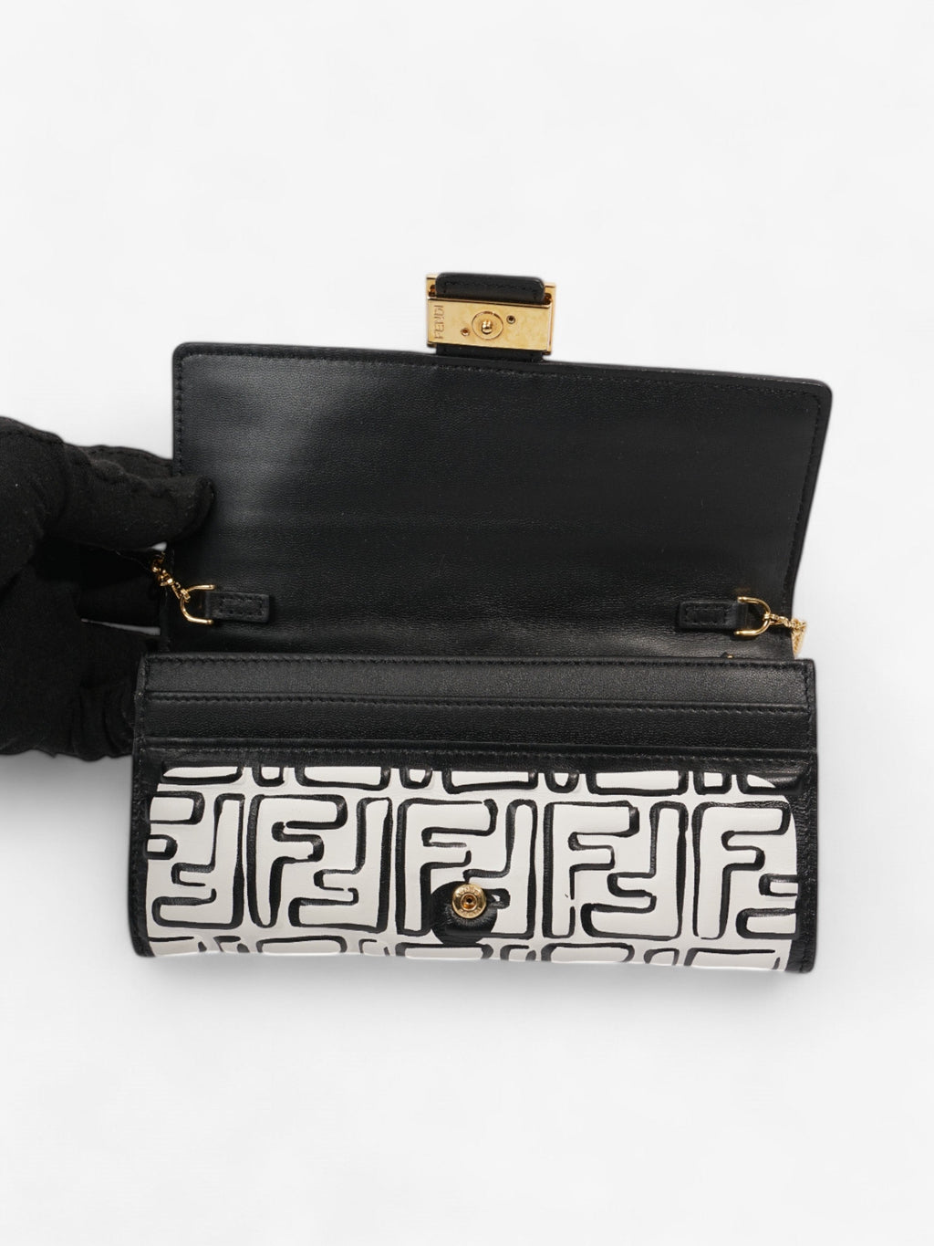 Fendi x Joshua Vides FF Embossed Continental Wallet on Chain Black / White Nappa Leather