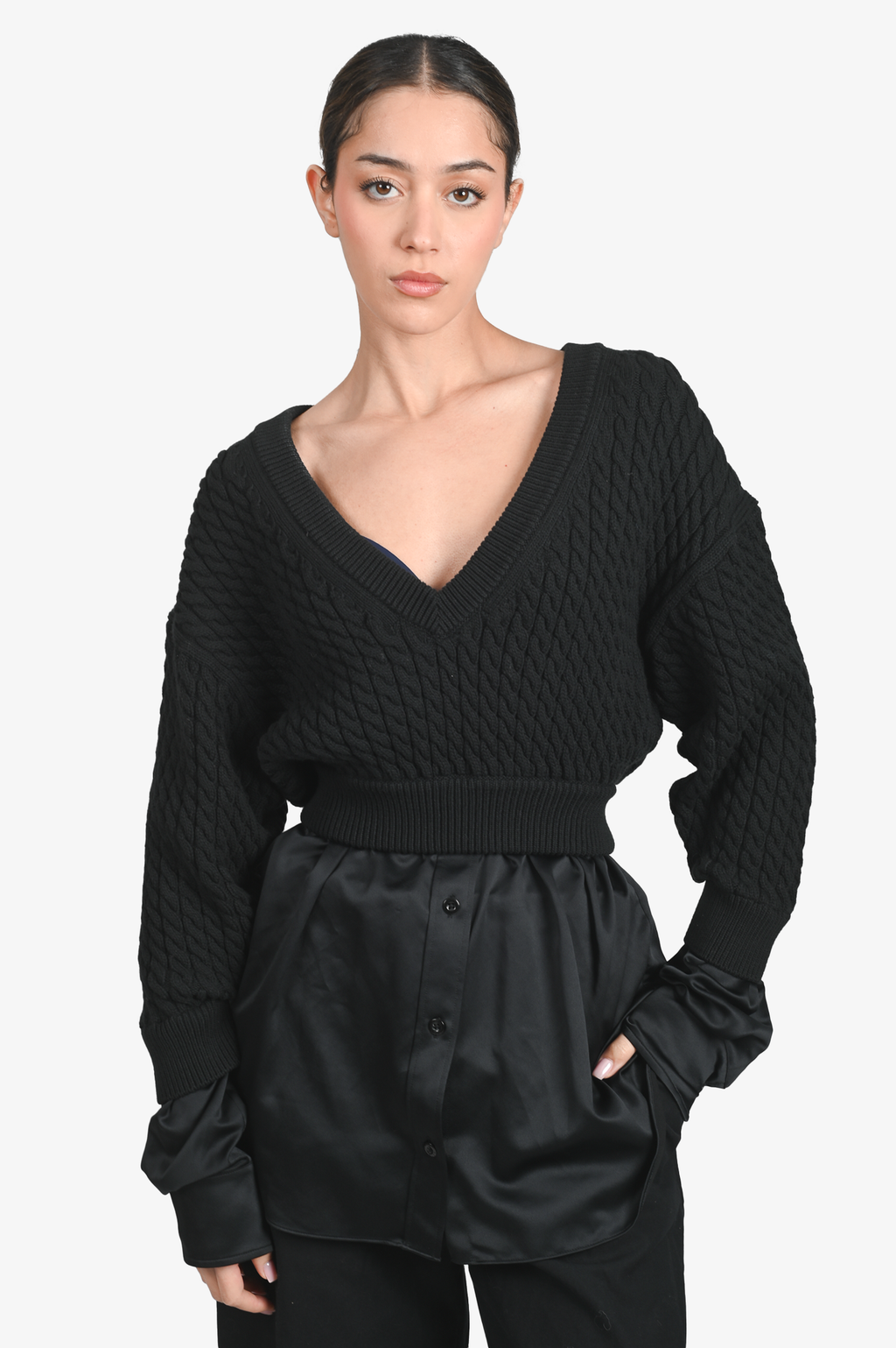 T by Alexander Wang Black Satin Button-Down Knit Overlay Top Est. Size S
