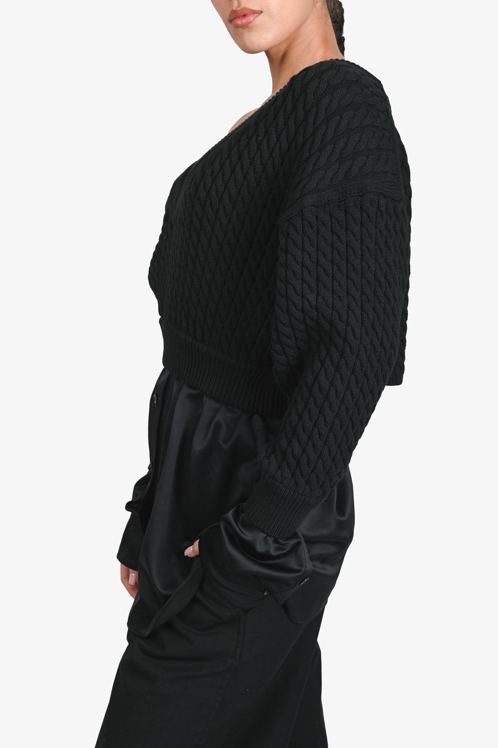 T by Alexander Wang Black Satin Button-Down Knit Overlay Top Est. Size S