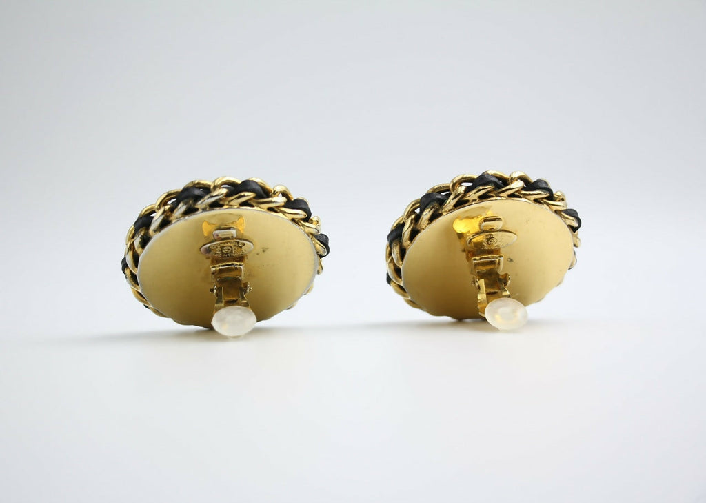 Chanel Vintage 1988 Leather Chain & Rhinestone Clip-on Round Earrings