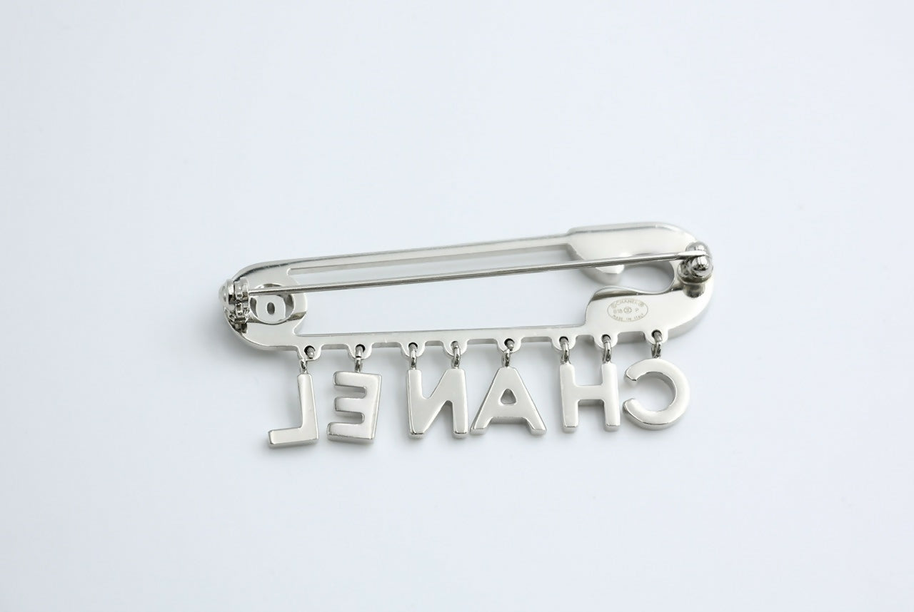 Chanel B18P Rhinestone Metal Thick ‘CHANEL’ Brooch