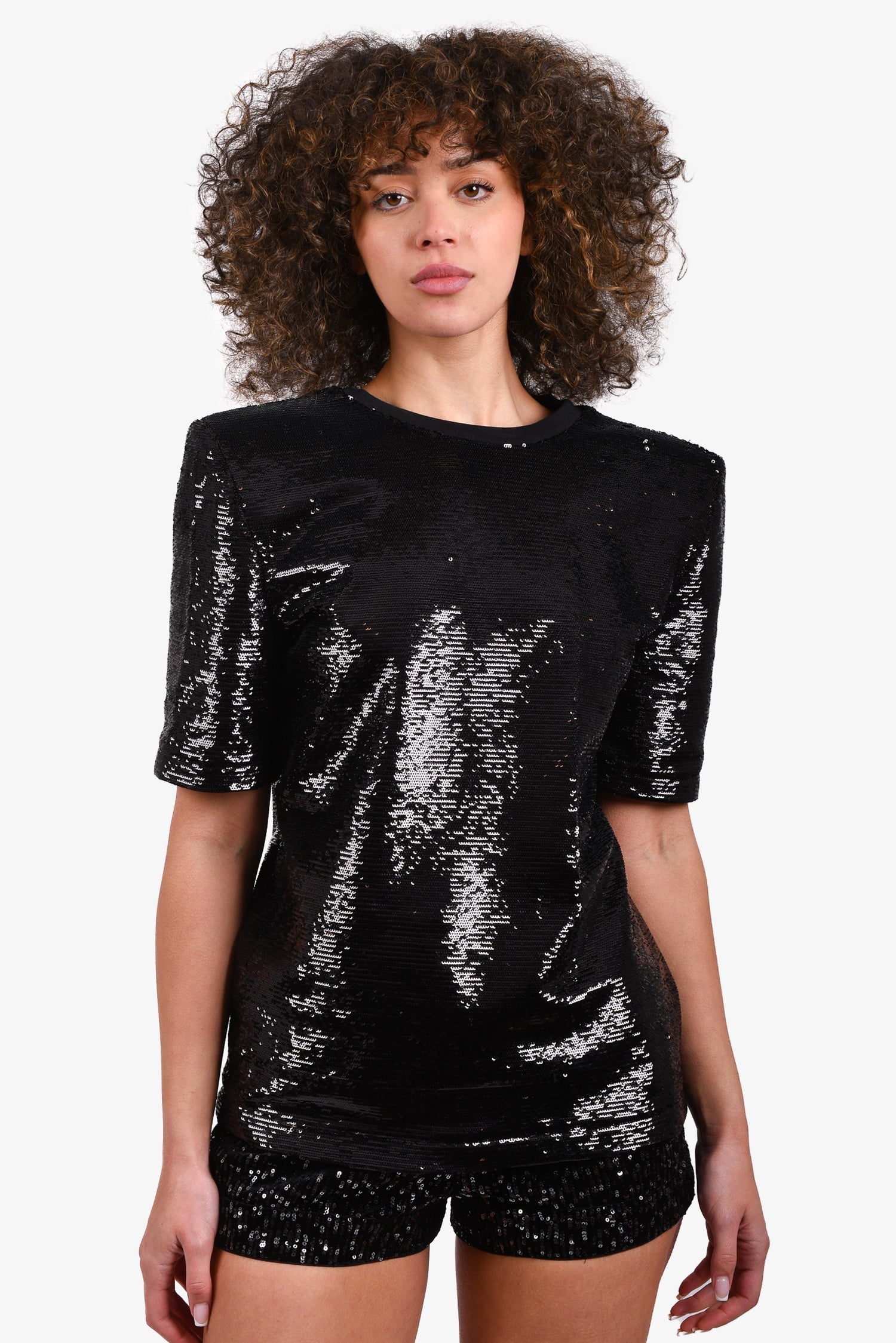 The Attico Black Sequin Padded Shoulder Top Size 38
