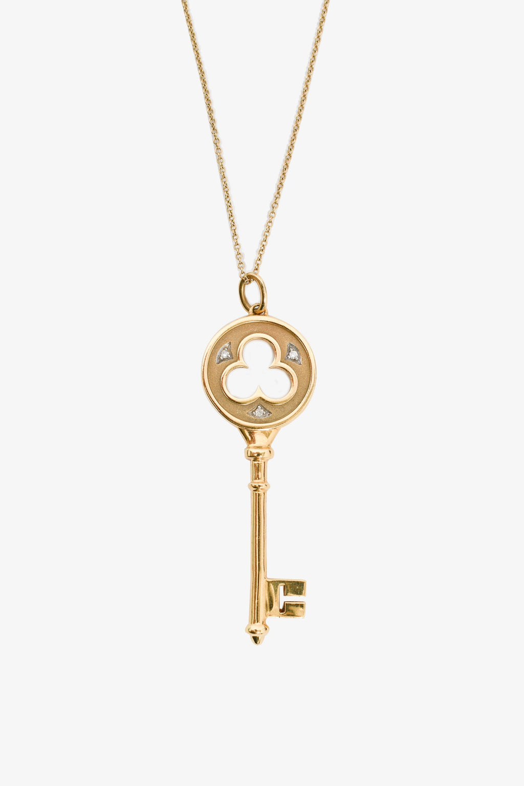 Tiffany & Co. 18K Gold Diamond 3 Leaf Clover Key Pendant Necklace