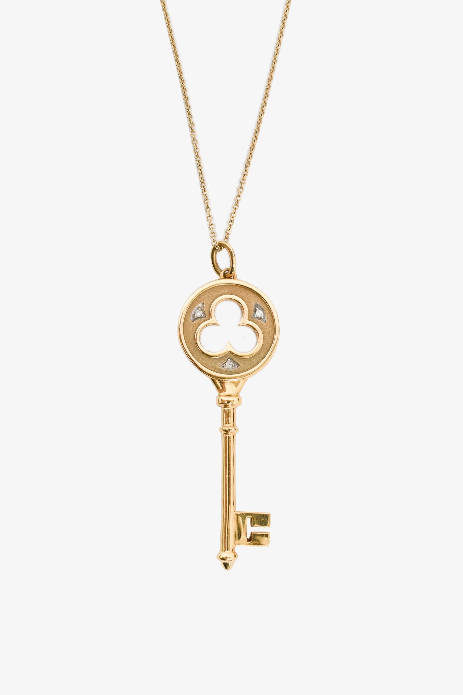 Tiffany & Co. 18K Gold Diamond 3 Leaf Clover Key Pendant Necklace