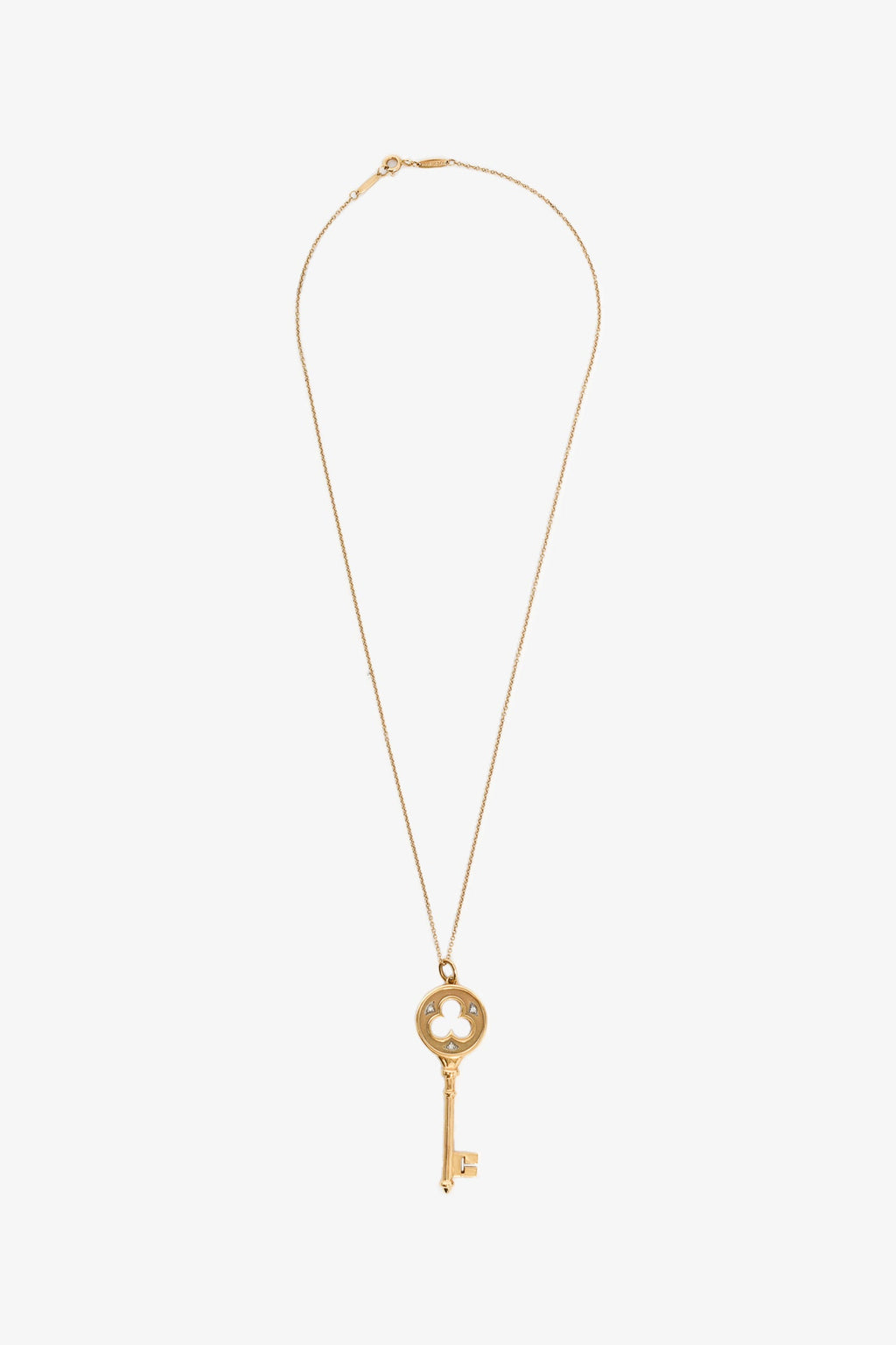 Tiffany & Co. 18K Gold Diamond 3 Leaf Clover Key Pendant Necklace