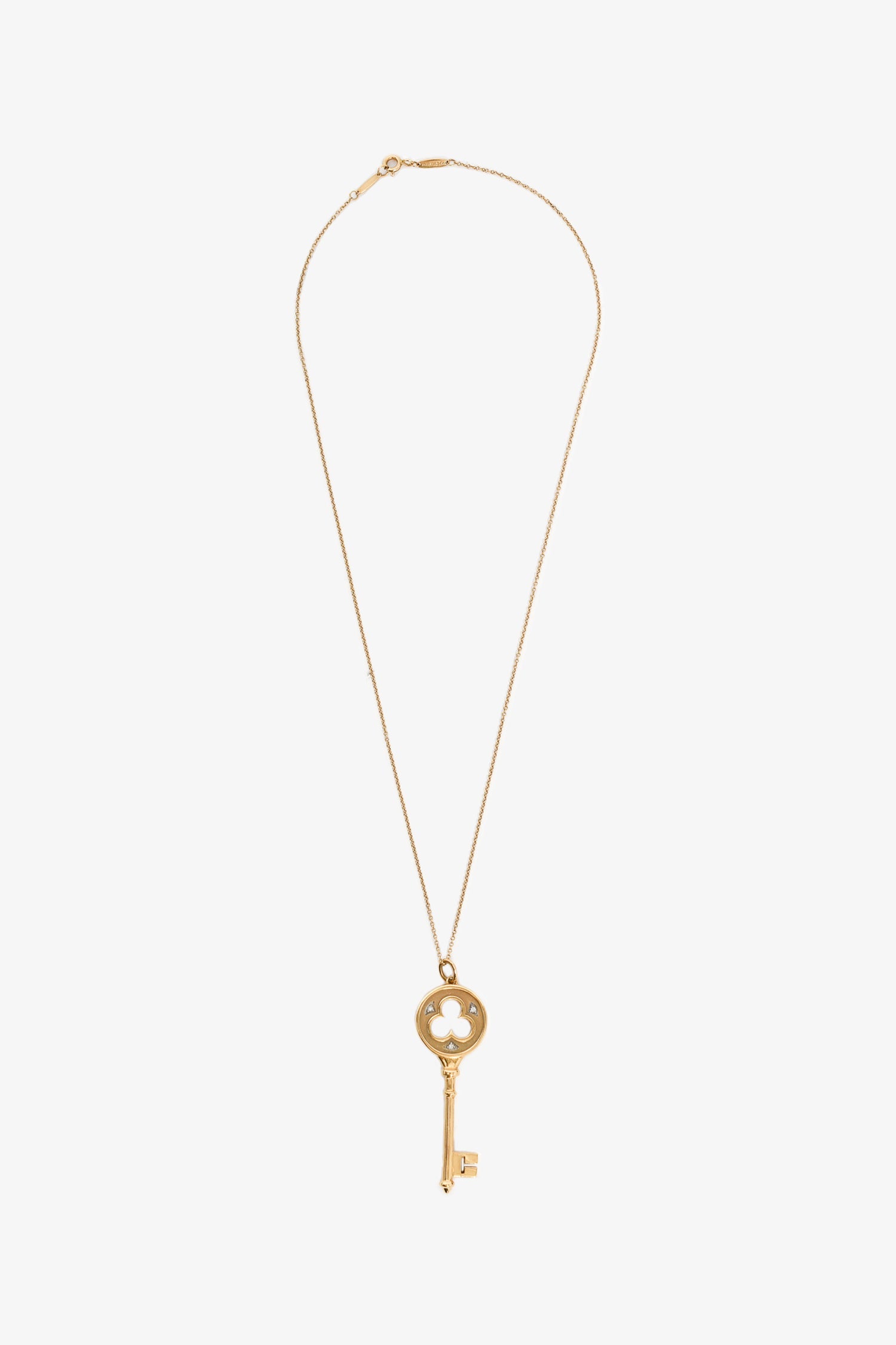 Tiffany & Co. 18K Gold Diamond 3 Leaf Clover Key Pendant Necklace