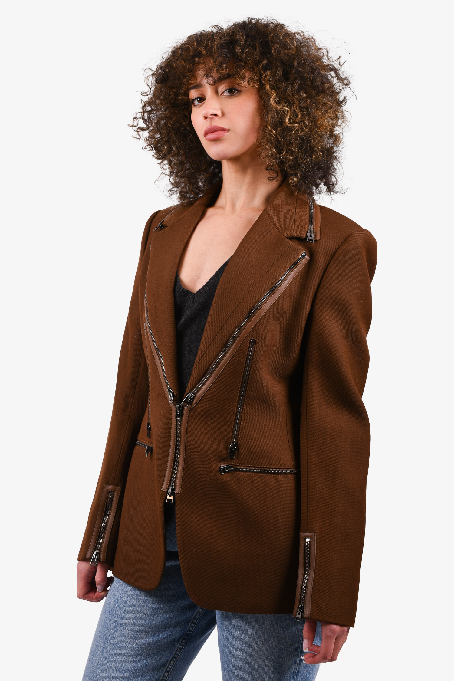 Tom Ford Brown Virgin Wool Blend Zipper Detail Blazer Jacket Size 42
