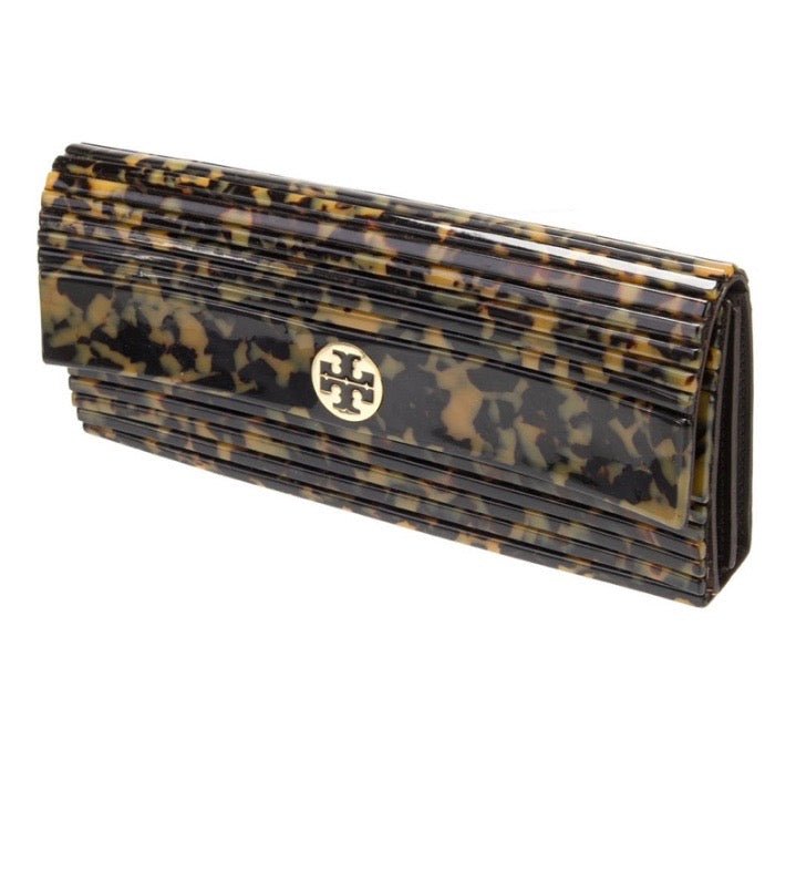 TORY BURCH LEOPARD PRINT ACRYLIC FOLD OVER KERRY CLUTCH BAG