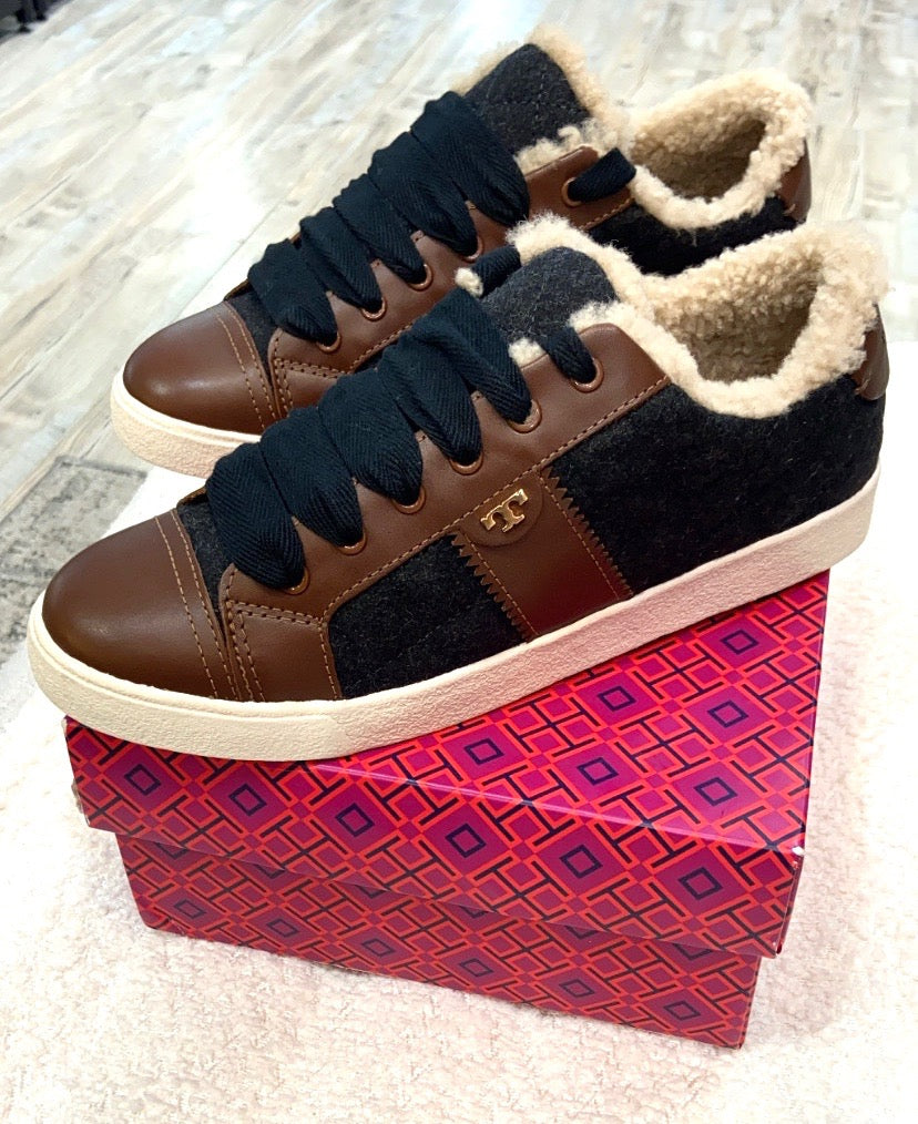 TORY BURCH OLIVER LACE-UP SHEARLING SNEAKERS