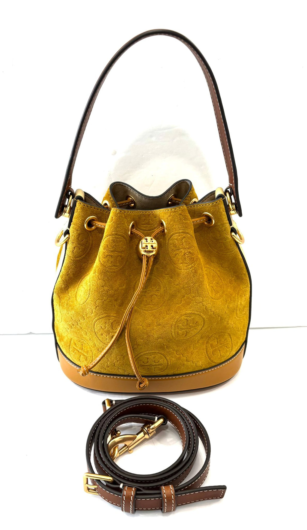 TORY BURCH MONOGRAM EMBOSSED SUEDE BUCKET BAG