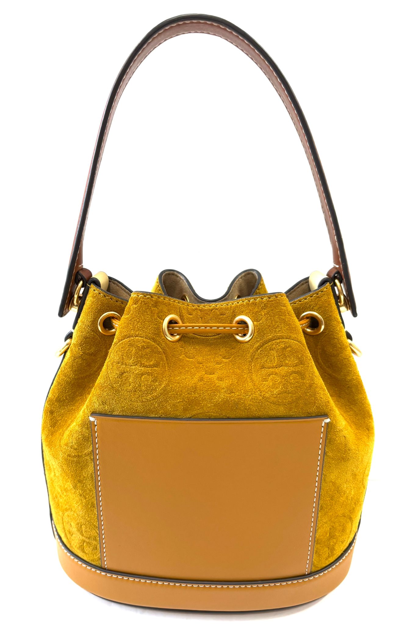TORY BURCH MONOGRAM EMBOSSED SUEDE BUCKET BAG