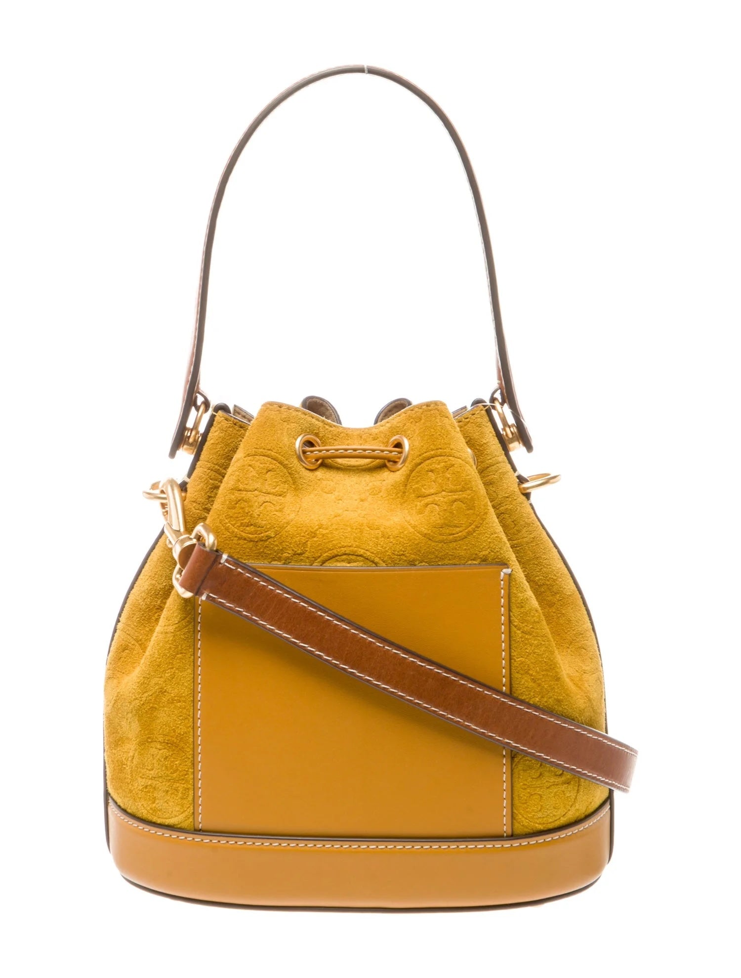 TORY BURCH MONOGRAM EMBOSSED SUEDE BUCKET BAG