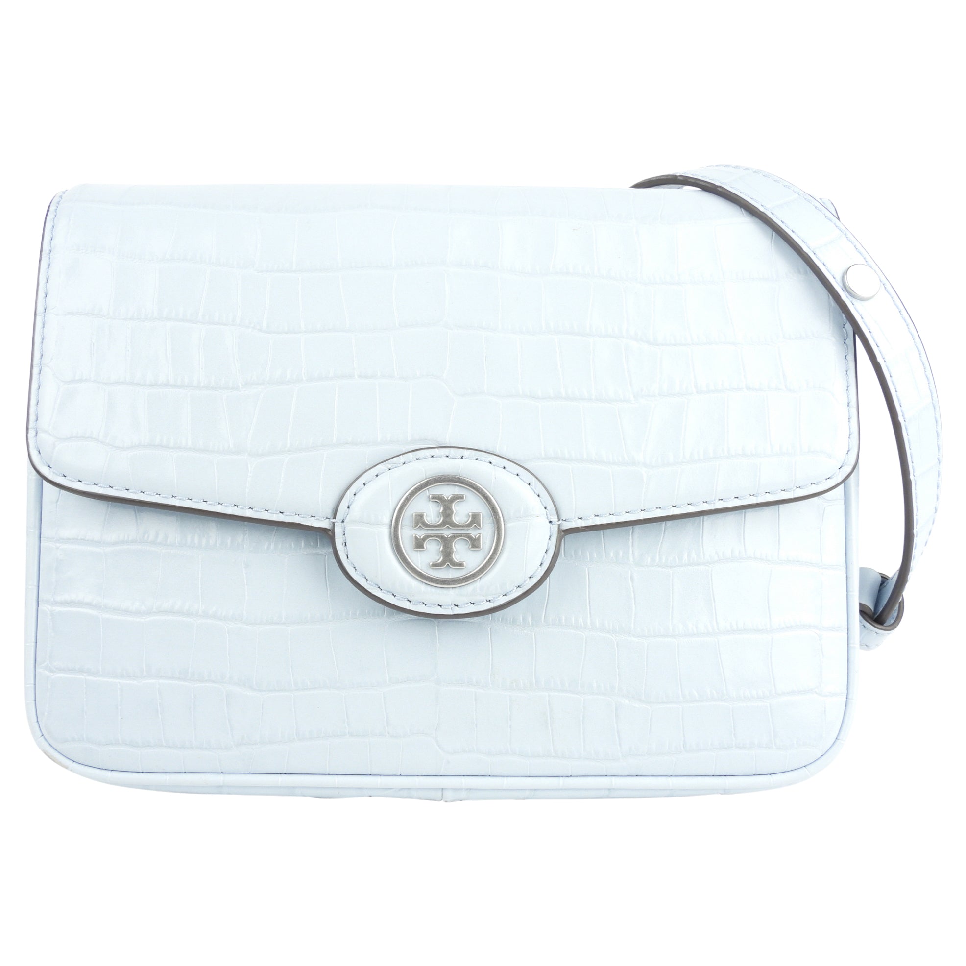Tory Burch Pastel Blue Robinson Croc Embossed Leather Convertible Shoulder Bag
