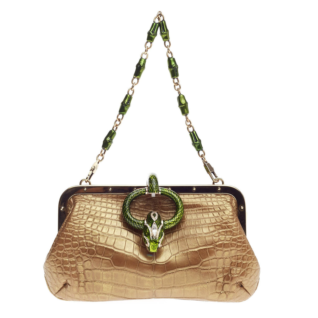 Jeweled Snake Head Frame Clutch Crocodile Small