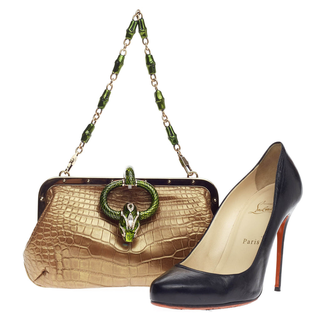 Jeweled Snake Head Frame Clutch Crocodile Small