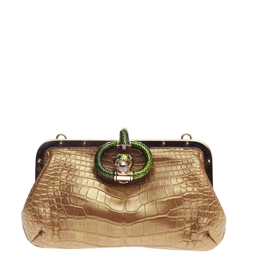 Jeweled Snake Head Frame Clutch Crocodile Small