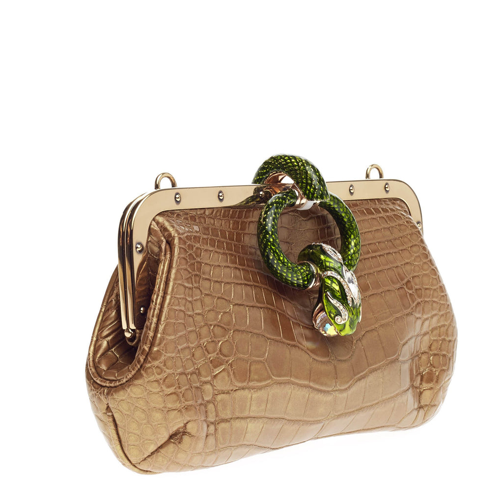 Jeweled Snake Head Frame Clutch Crocodile Small