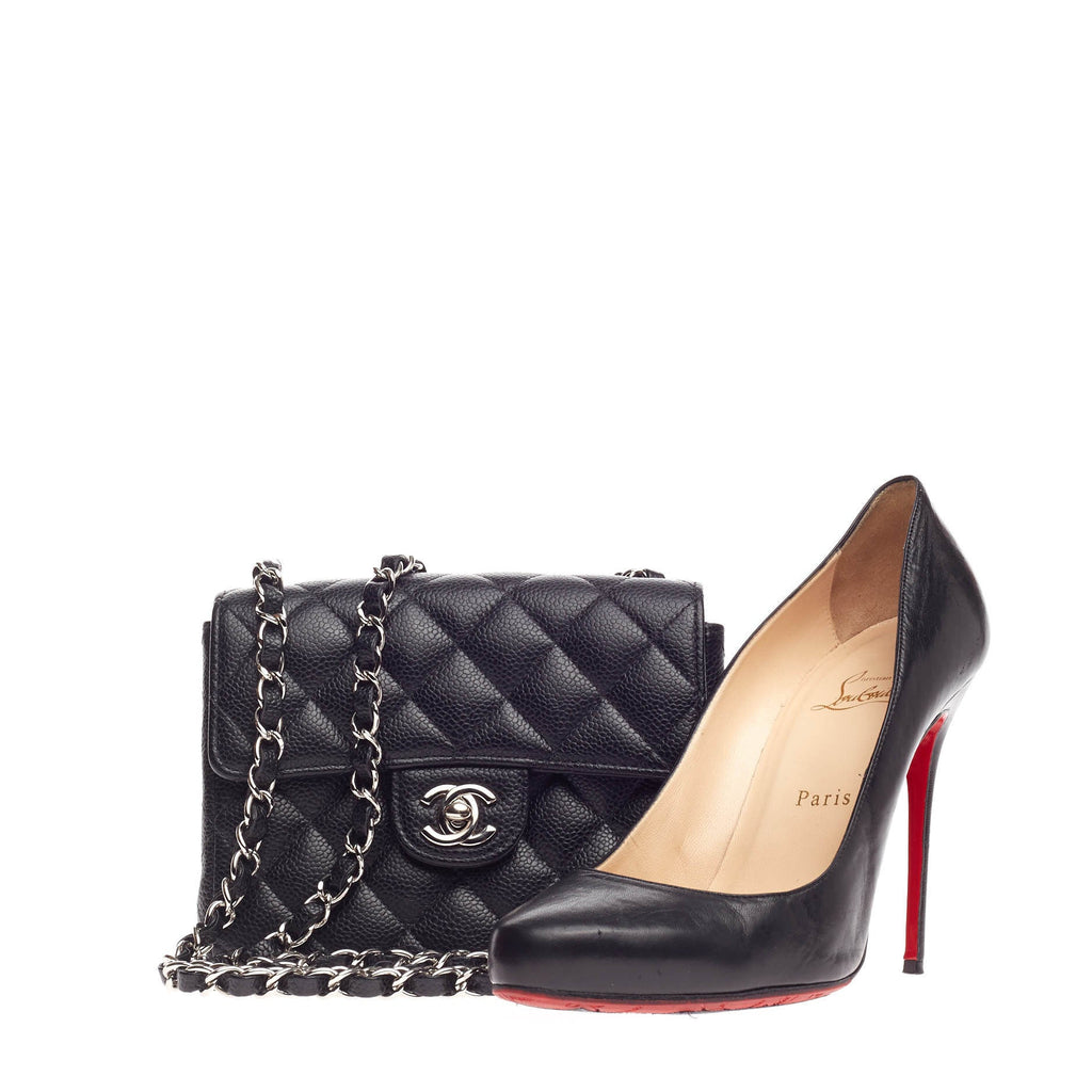 Square Classic Single Flap Bag Quilted Caviar Mini