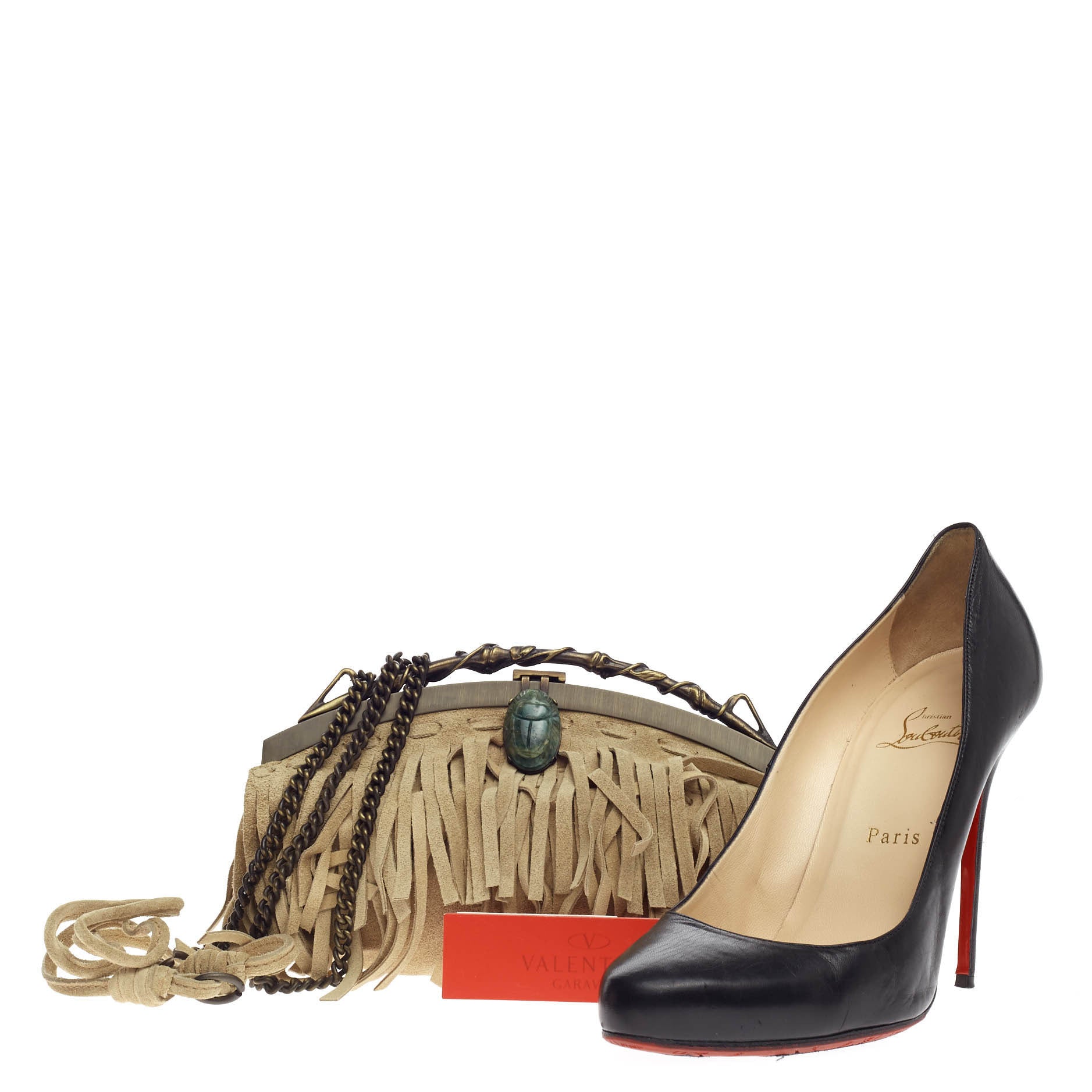 Beetle Fringe Chain Frame Clutch Suede Small