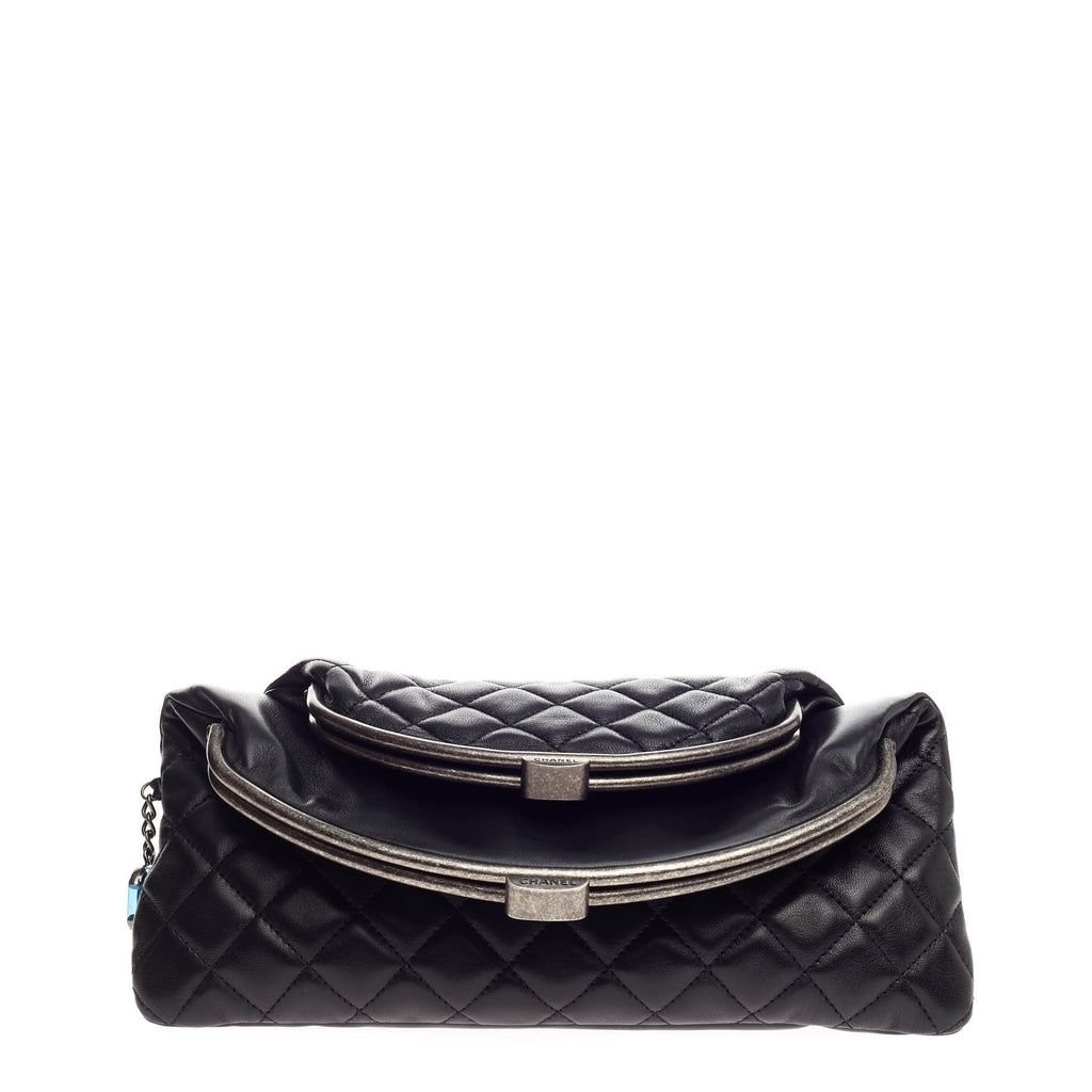 Double Frame Fold Over Clutch Quilted Leather Medium
