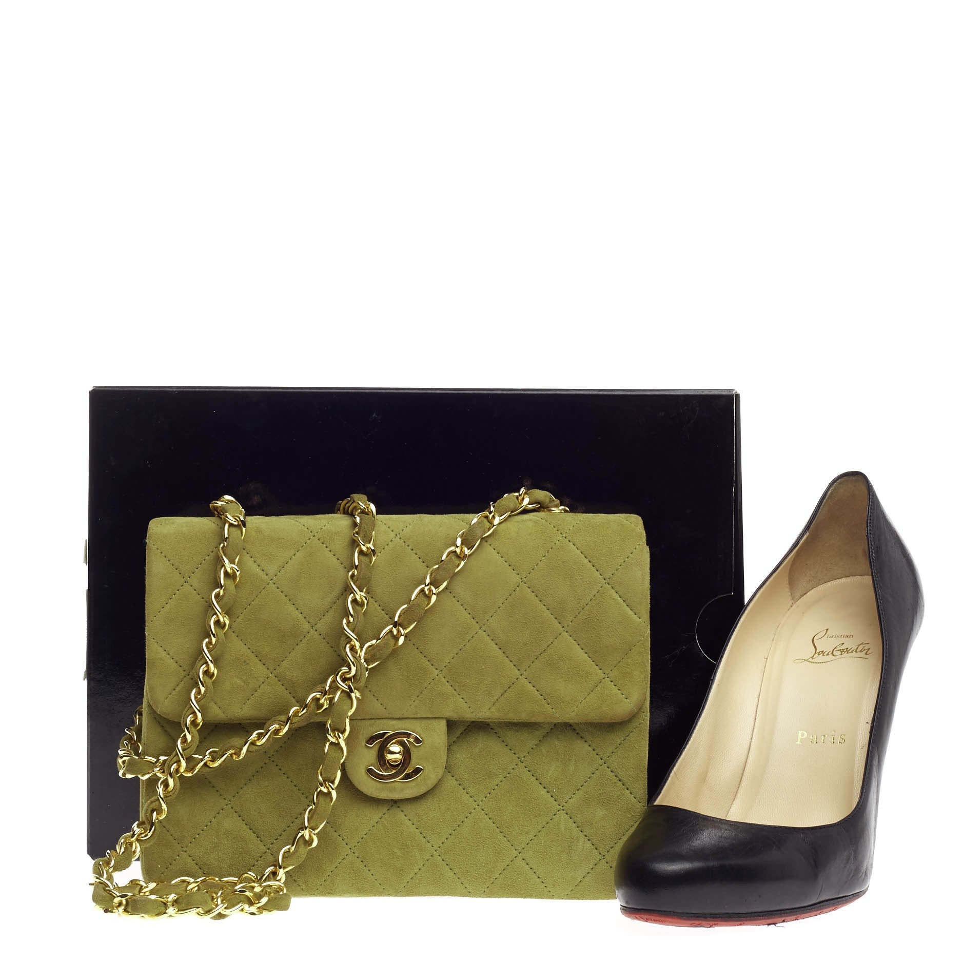 Vintage Square Classic Single Flap Bag Quilted Suede Mini