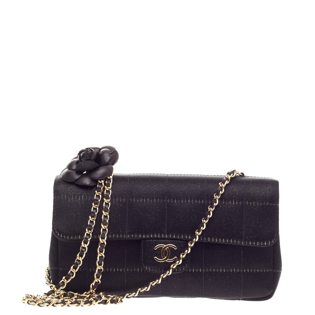 Camellia Chocolate Bar Flap Bag Quilted Satin Mini
