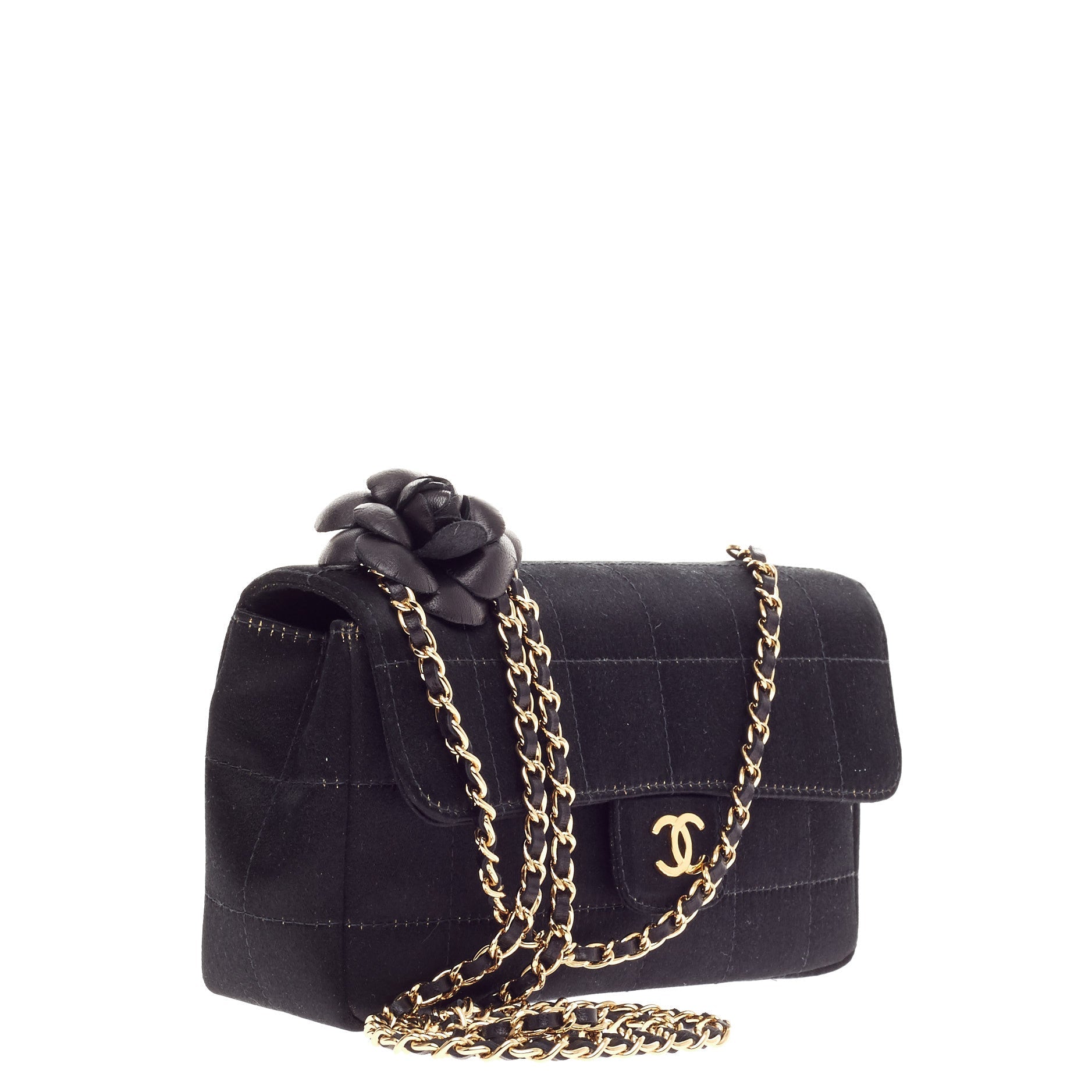 Camellia Chocolate Bar Flap Bag Quilted Satin Mini