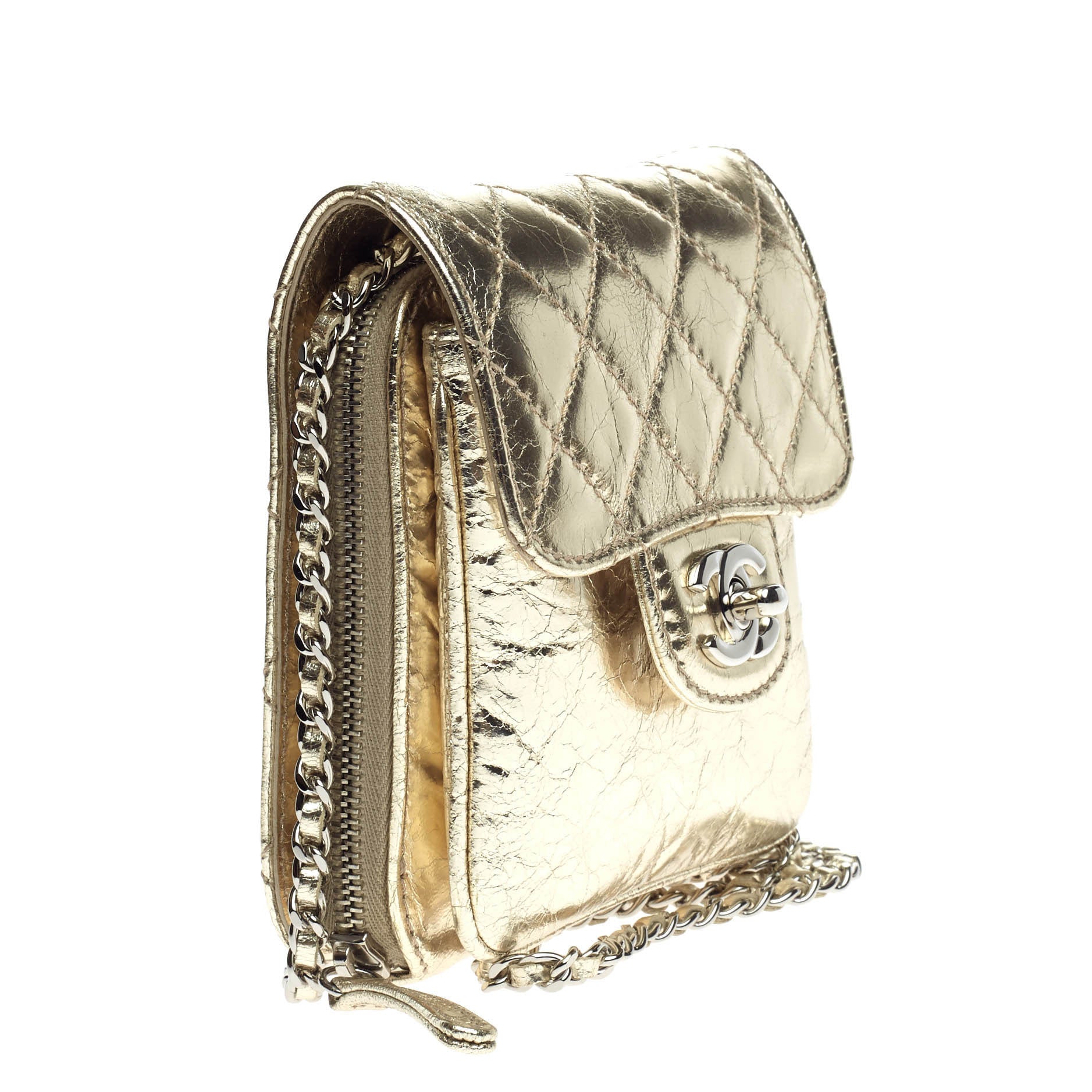 Wallet on Chain Flap Quilted Metallic Calfskin Mini