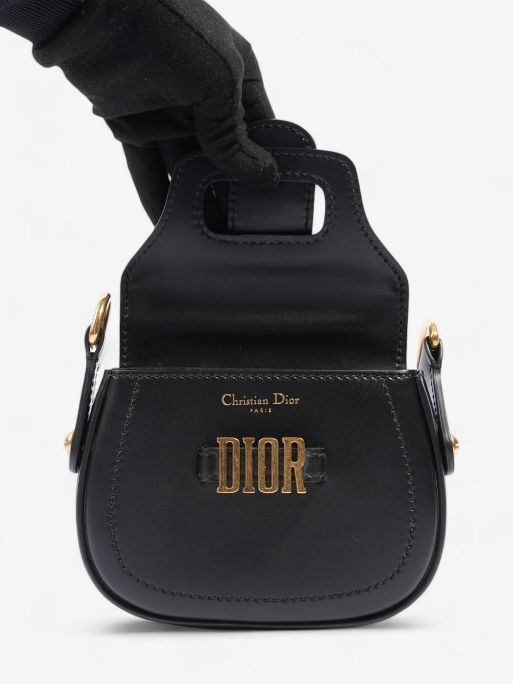 Christian Dior D Fence Saddle Bag Black Calfskin Leather Mini