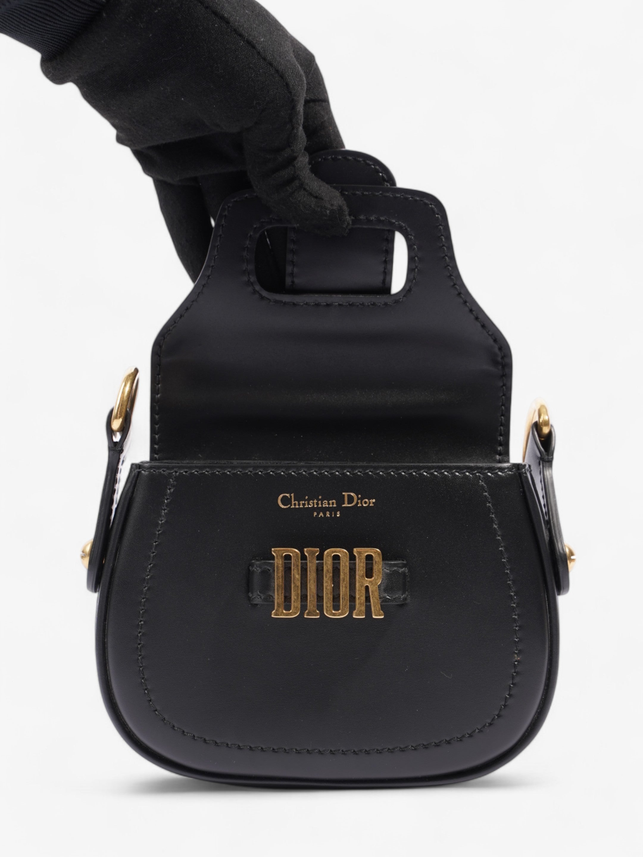 Christian Dior D Fence Saddle Bag Black Calfskin Leather Mini
