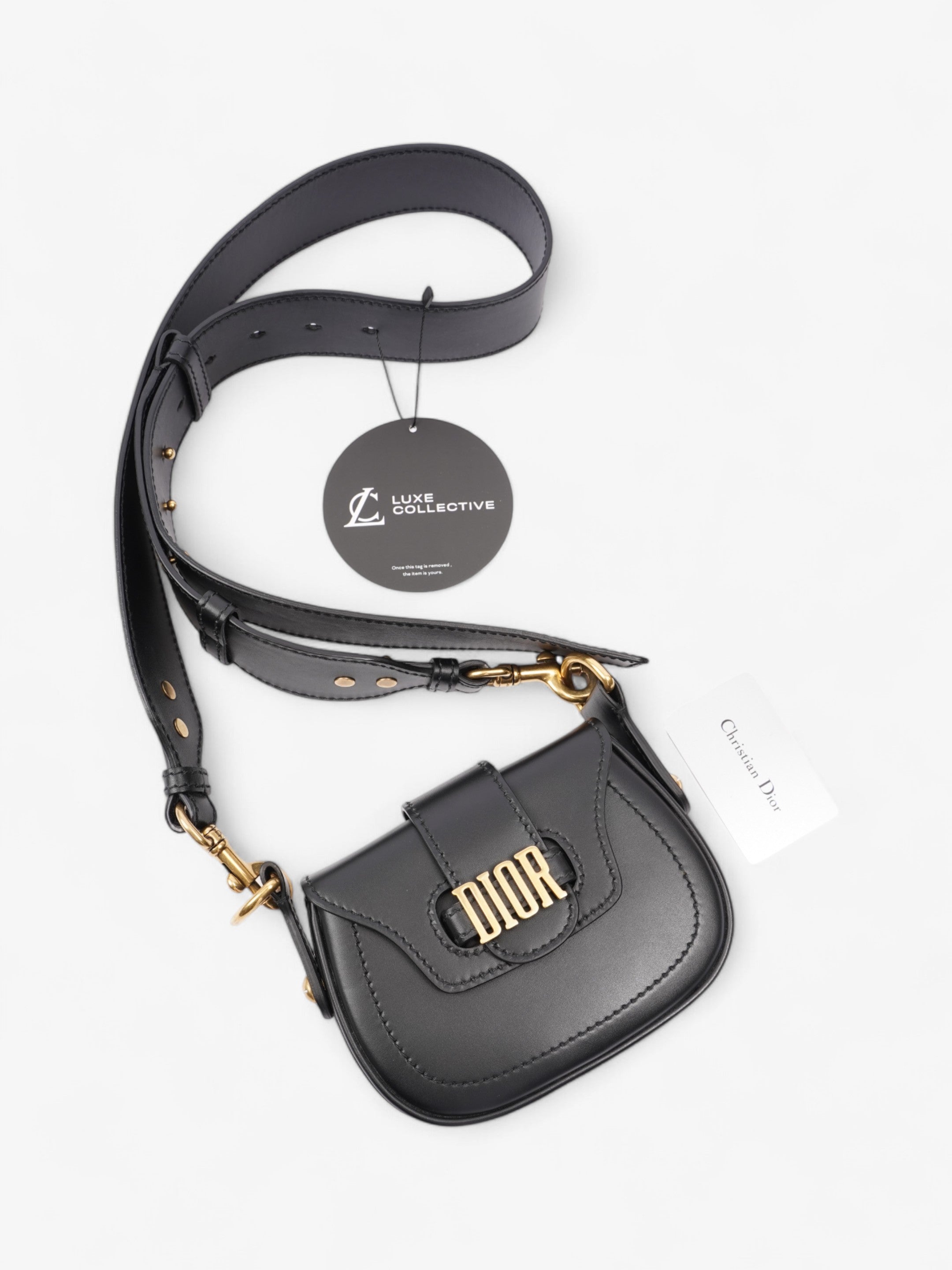 Christian Dior D Fence Saddle Bag Black Calfskin Leather Mini