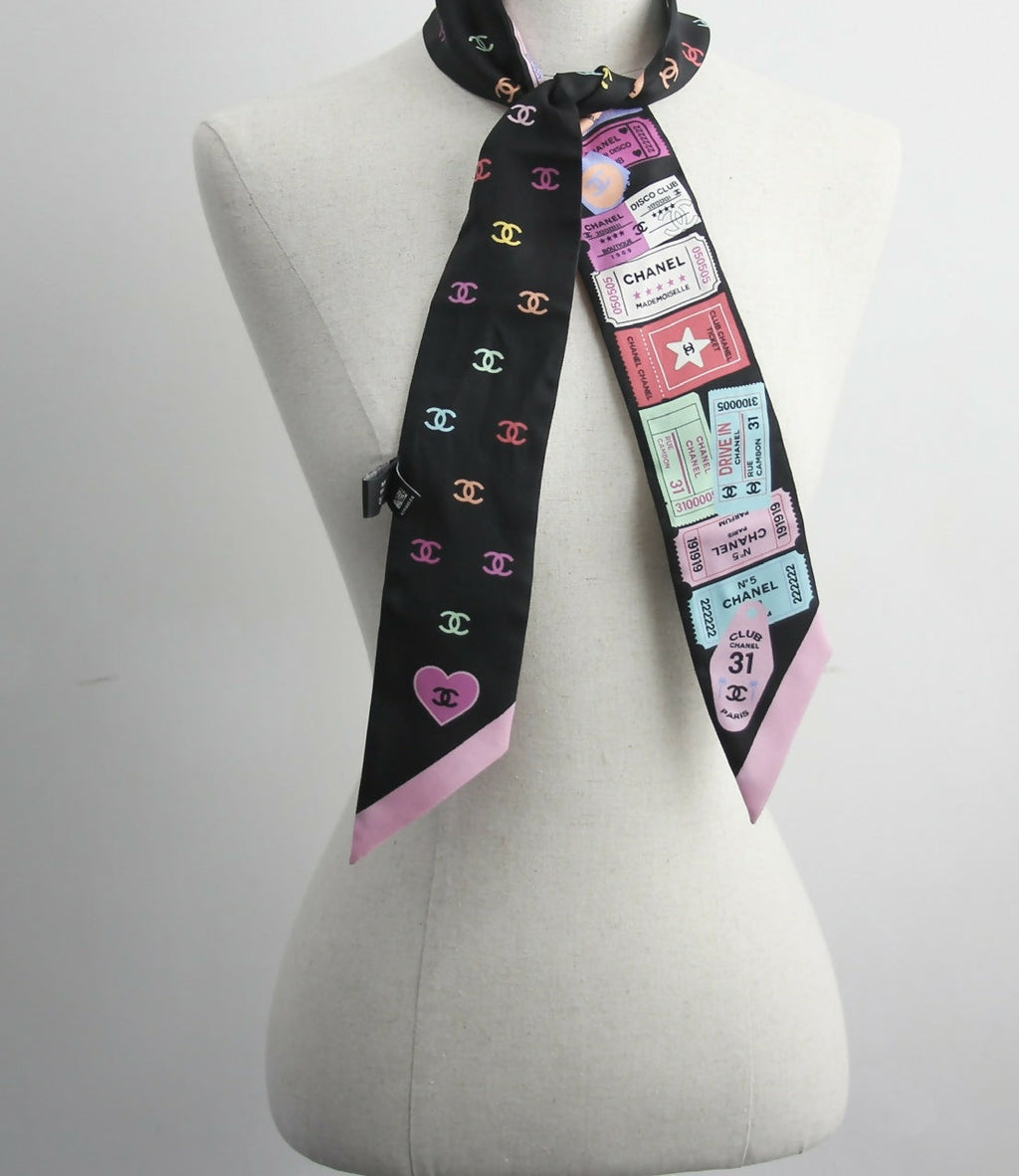 CHANEL 100% Slim Silk Scarf Bandeau Twilly CC Mark Scarf in Multicolour