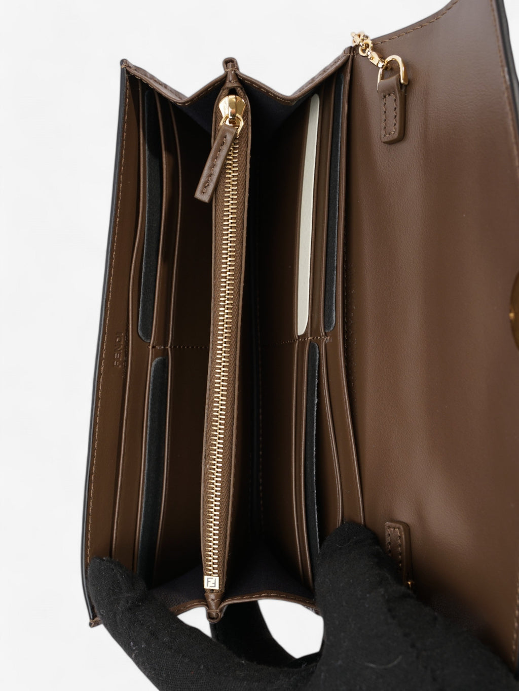 Fendi FF Circle Continental With Chain Brown / Black Calfskin Leather
