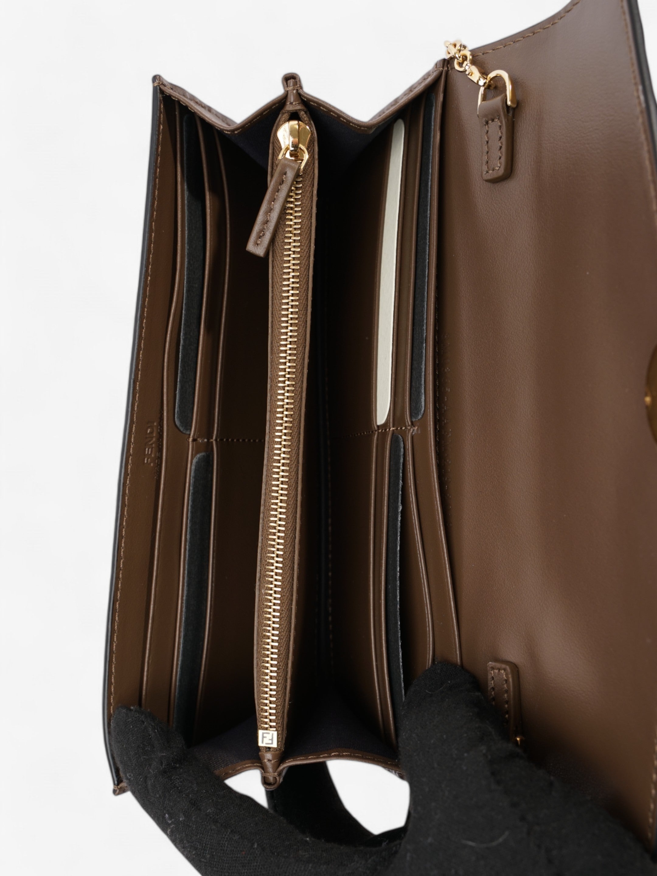 Fendi FF Circle Continental With Chain Brown / Black Calfskin Leather